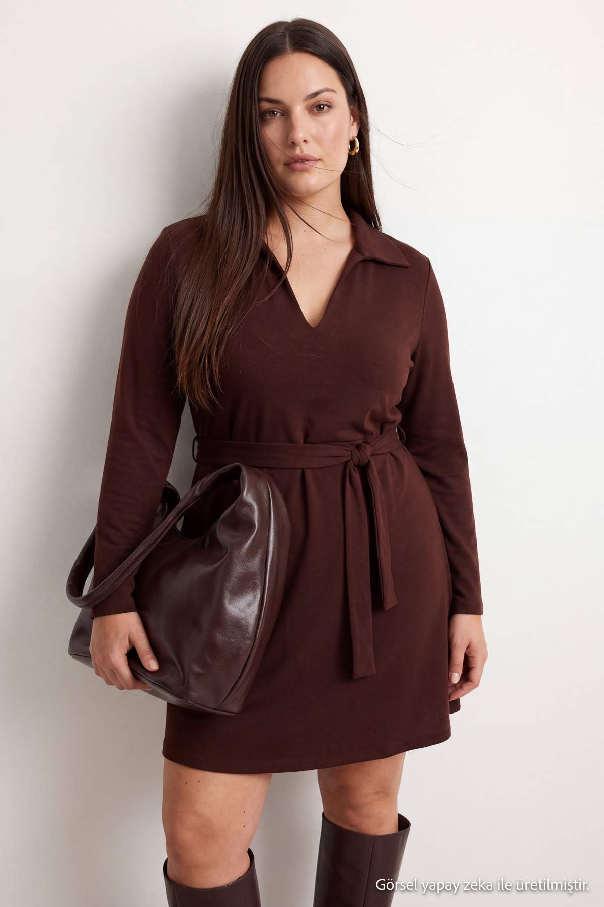 Trendyolmilla Curve Kahverengi Polo Yaka A-Line Örme Büyük Beden Elbise TBBAW26AH00011