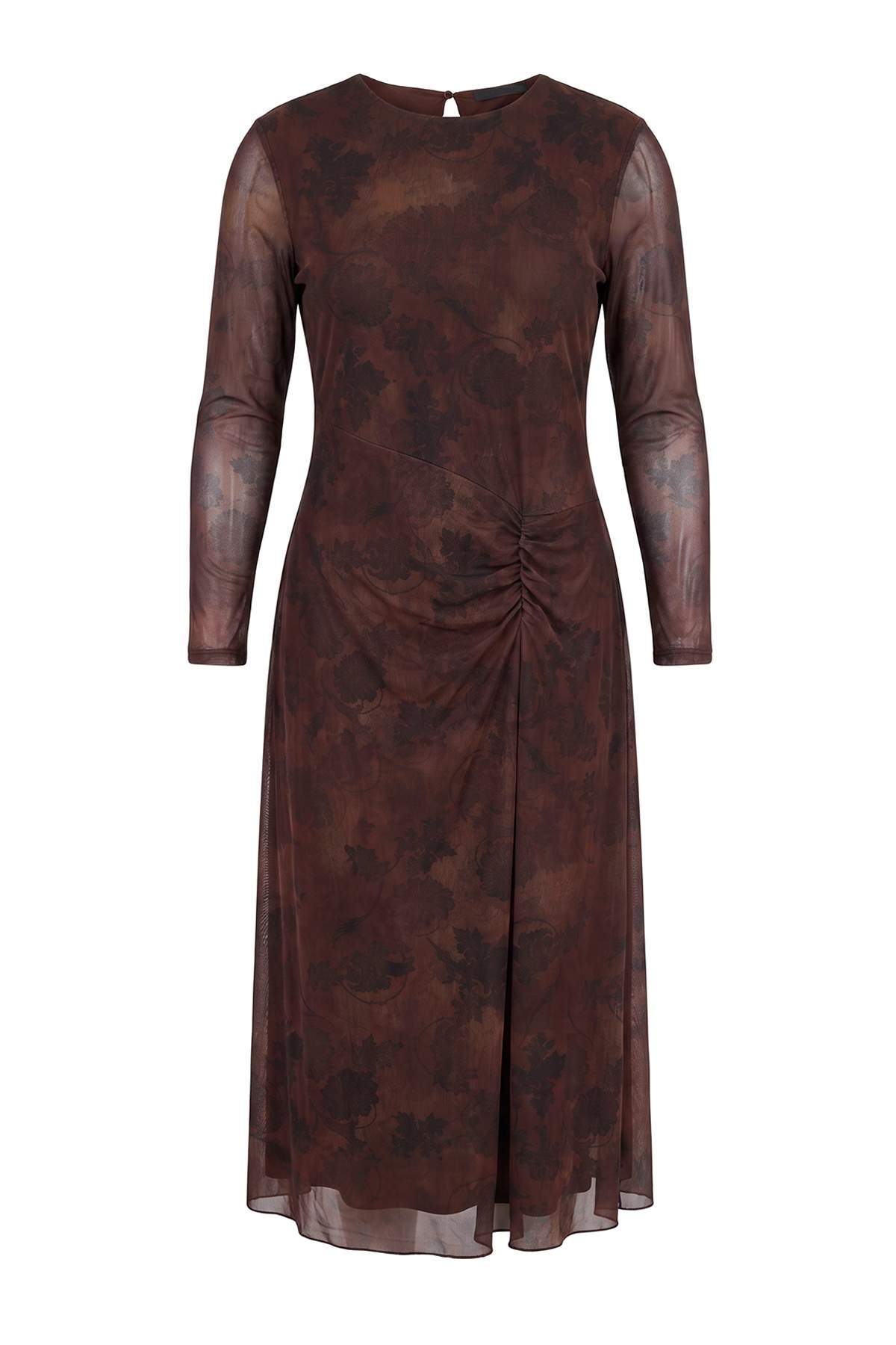 Trendyolmilla Curve Kahverengi*001 Soyut Büzgü / Drape Maxi Örme Elbise TBBAW27AH00037
