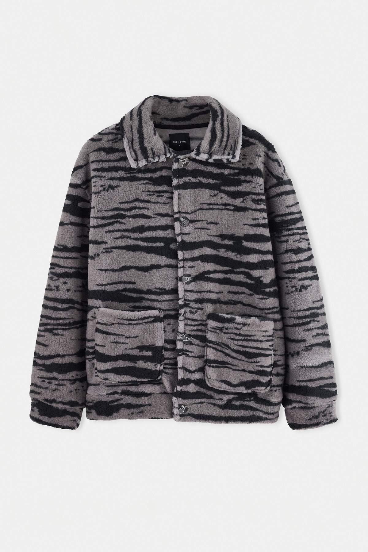 Trendyolmilla Man Antrasit Oversize/Geniş Kesim Desenli Şerpa Kalın Mont TMNAW27MO00011