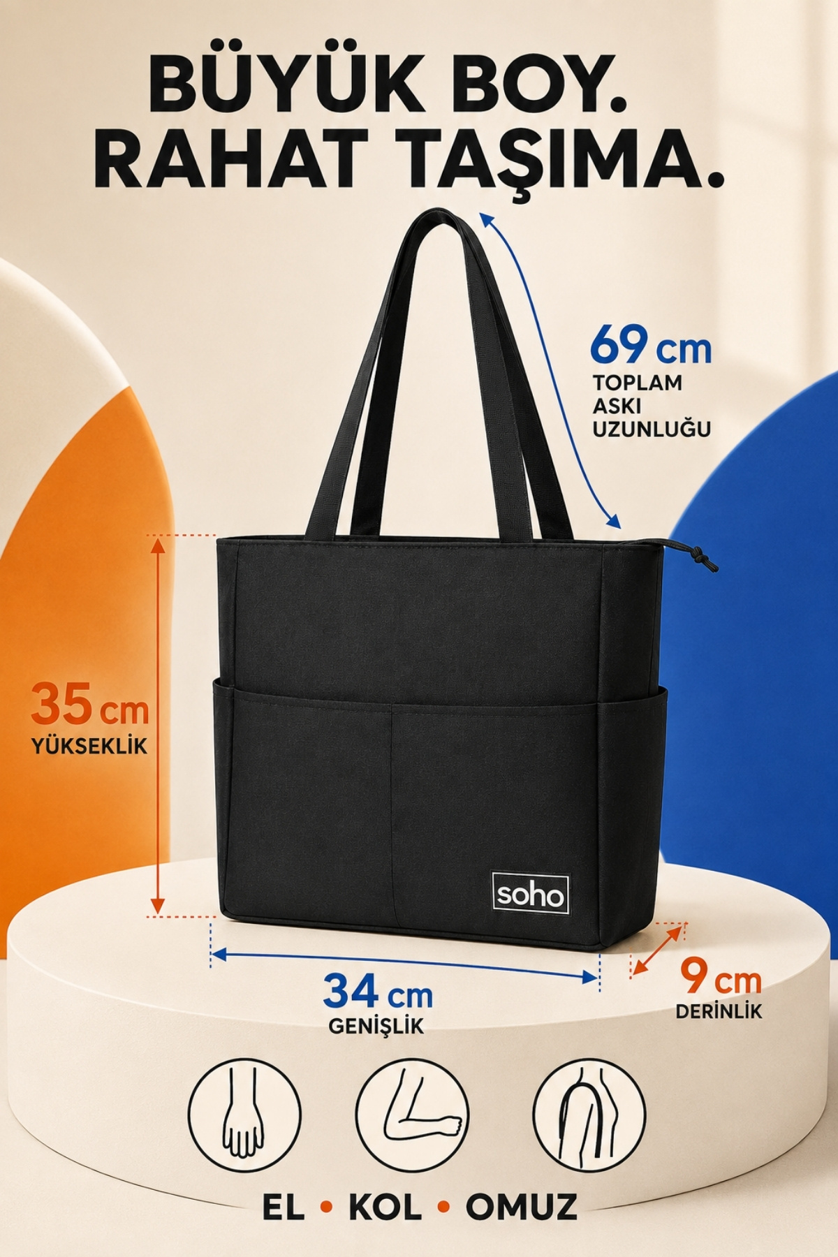 SOHO Orijinal Çok Gözlü Geniş İç Hacimli Su Geçirmez & Fermuarlı Yan Cepli Tote Bag | Ofis Okul Üniversite Spor İçin Askılı Anne Shopper Günlük Çok Amaçlı El Kol ve Omuz Çantası | Büyük Boy - 35x34x9 cm görsel 5