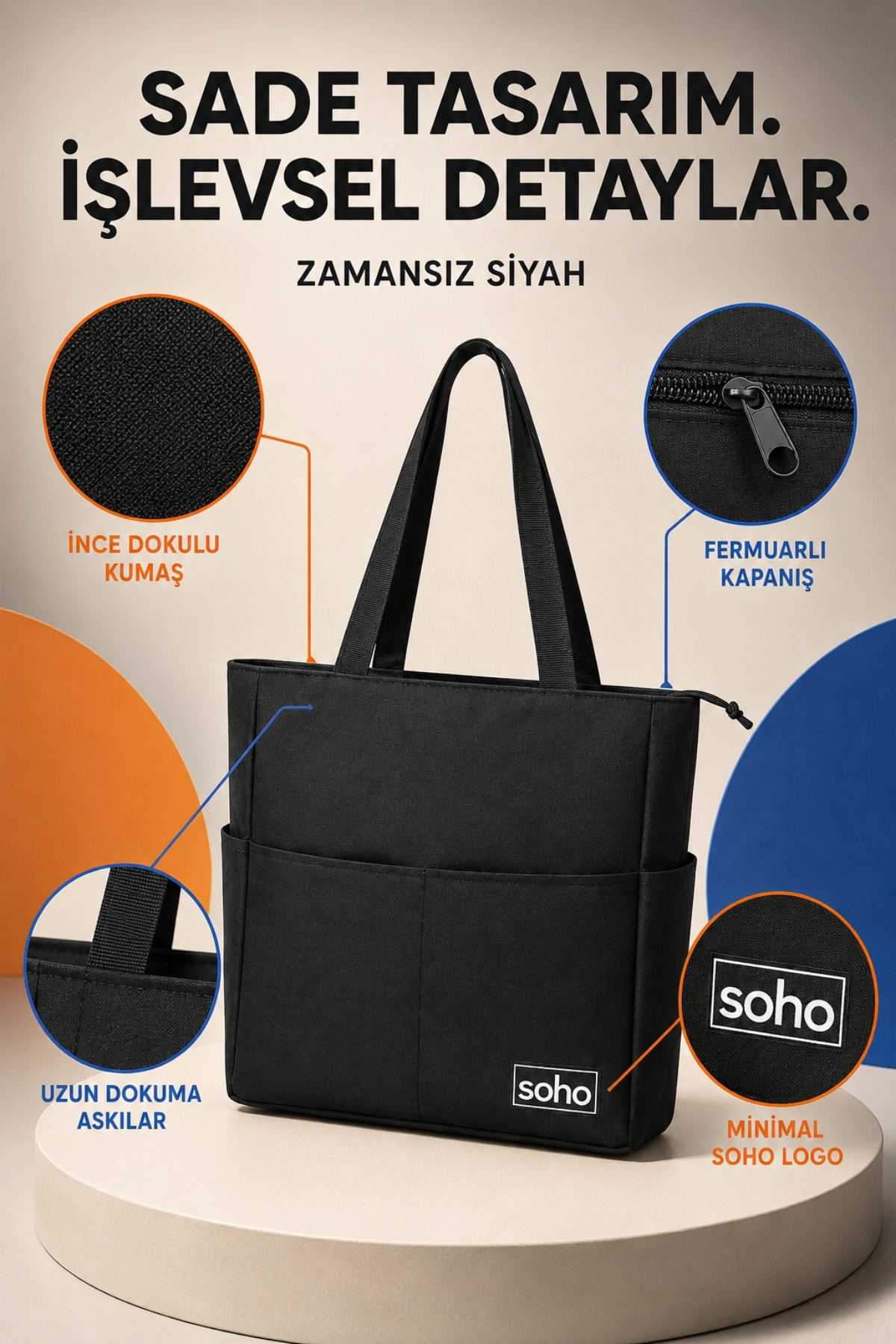 SOHO Orijinal Çok Gözlü Geniş İç Hacimli Su Geçirmez & Fermuarlı Yan Cepli Tote Bag | Ofis Okul Üniversite Spor İçin Askılı Anne Shopper Günlük Çok Amaçlı El Kol ve Omuz Çantası | Büyük Boy - 35x34x9 cm görsel 8