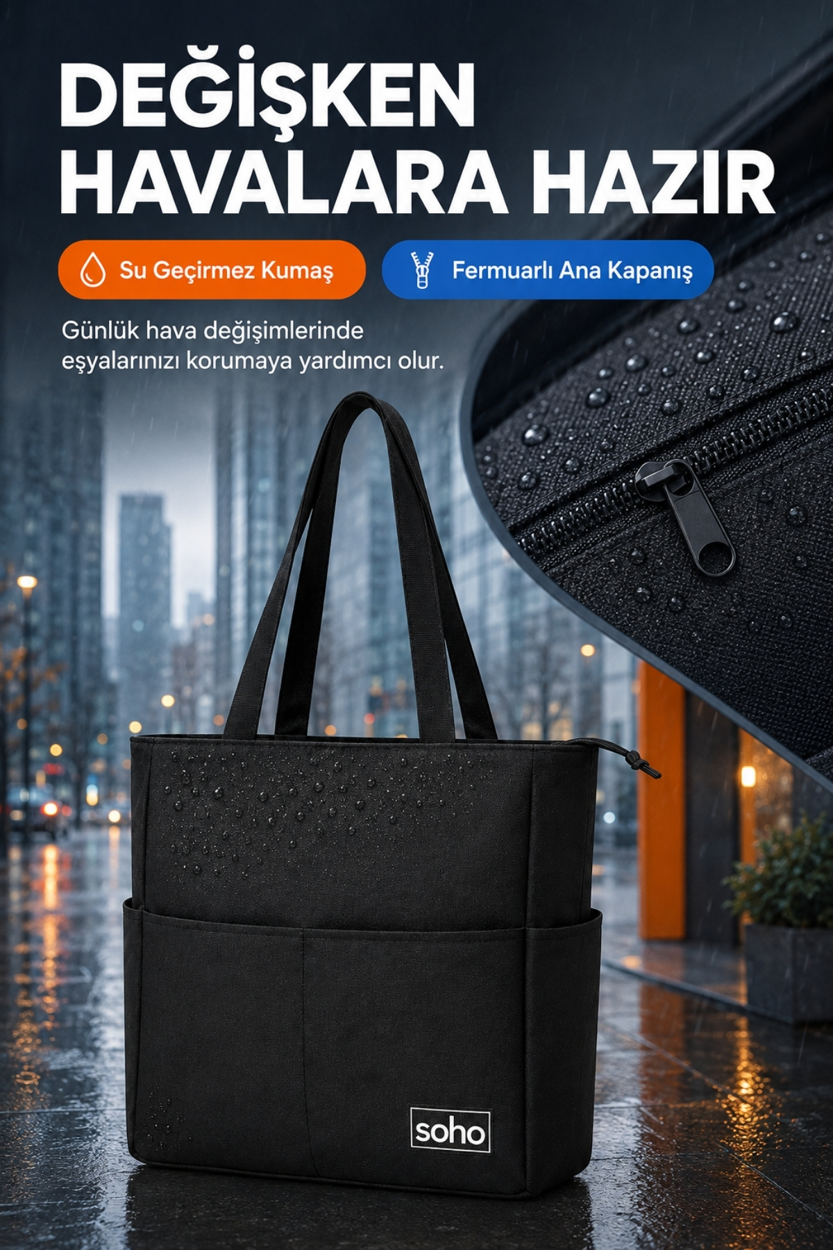 SOHO Orijinal Çok Gözlü Geniş İç Hacimli Su Geçirmez & Fermuarlı Yan Cepli Tote Bag | Ofis Okul Üniversite Spor İçin Askılı Anne Shopper Günlük Çok Amaçlı El Kol ve Omuz Çantası | Büyük Boy - 35x34x9 cm görsel 6