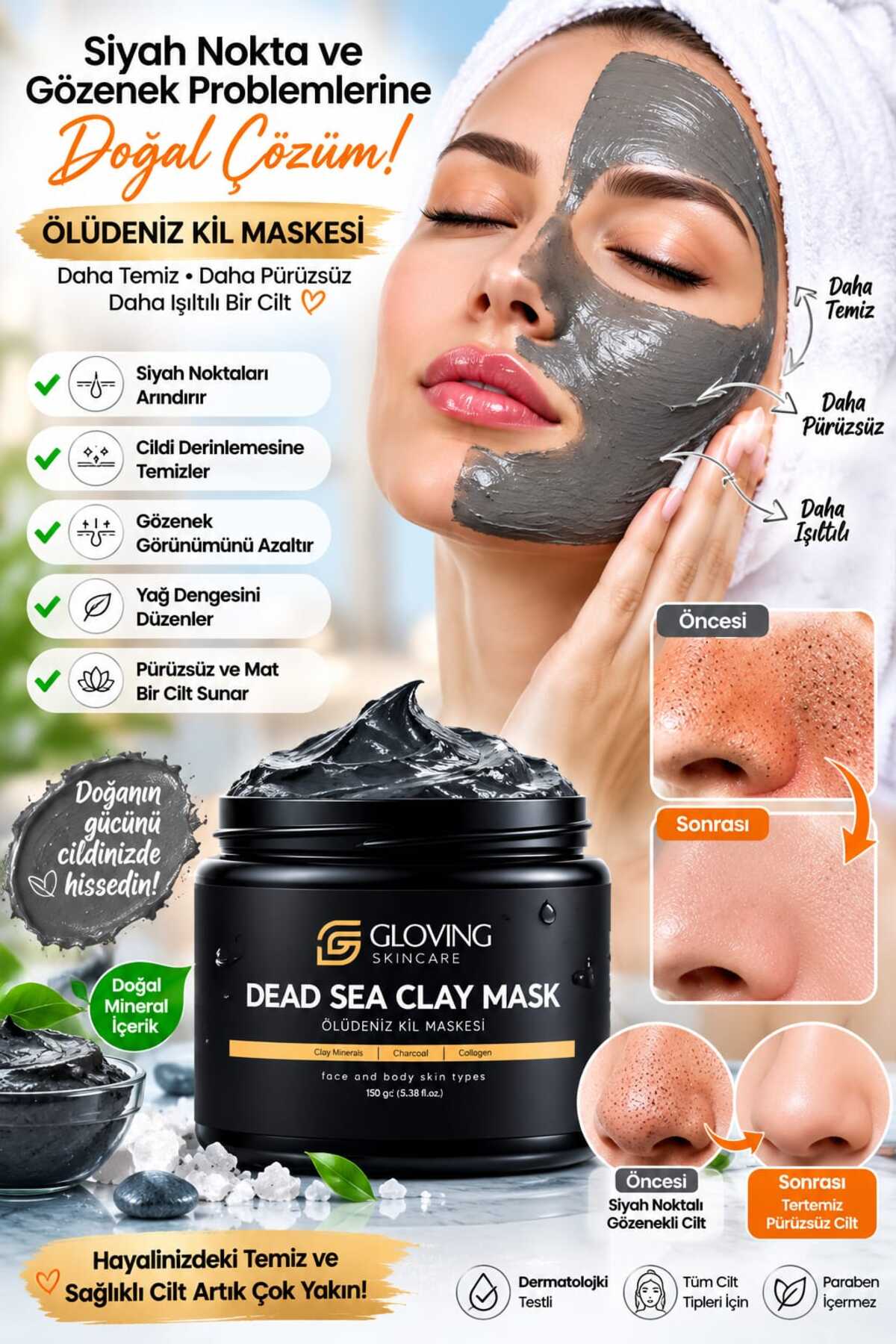 Glowingskıncare Gözenek Sıkılaştırıcı Yaşlanma Ve Siyah Nokta Leke,giderici Kolajen Ölüdeniz Kil Maskesi150 gr — 233211