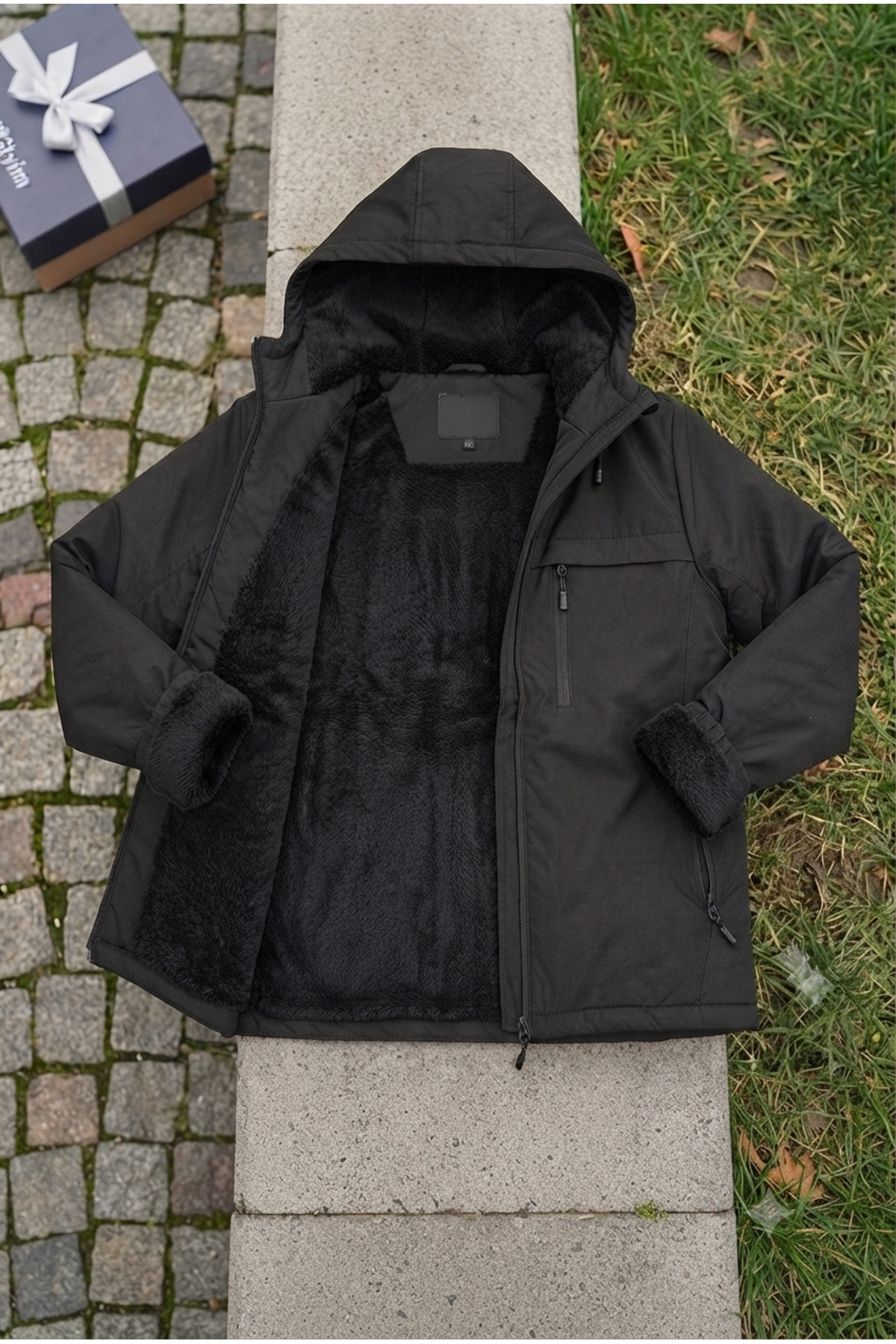 lumt Siyah İçi Polarlı Yağmurluk Rüzgarlık Ceket Bay Bayan Uyumlu 3 cepli Çıkarılabilir Kapşonlu ve Ayarlanabilir Bel Lastikli Unisex Su ve Rüzgar İtici / Fleece - Lined Raincoat / Windbreaker Unisex görsel 4