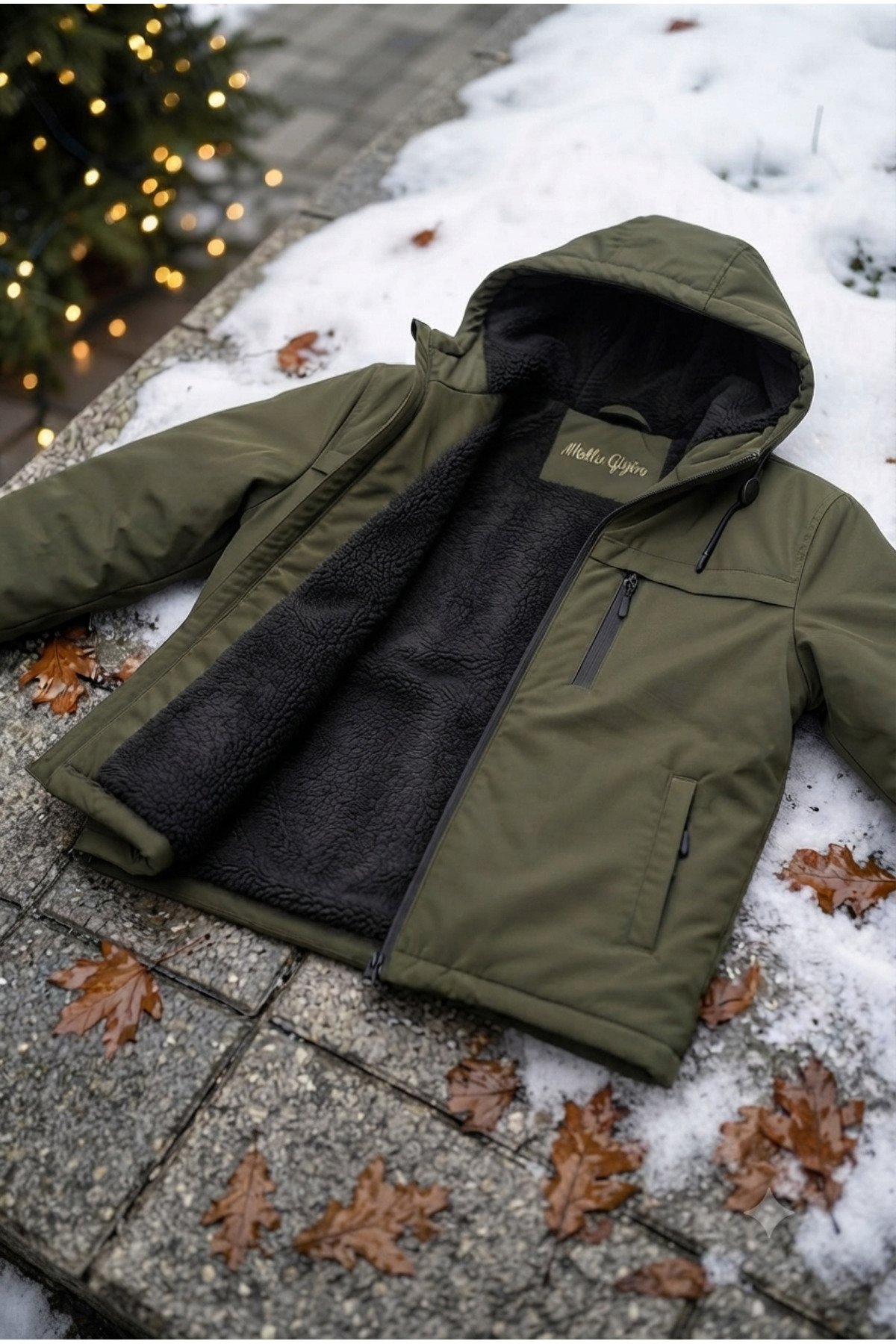 lumt Unisex Haki Yeşil Kışlık İçi Polarlı Kapüşonlu Fermuarlı Su İtici Rüzgarlık Mont Ceket görsel 4