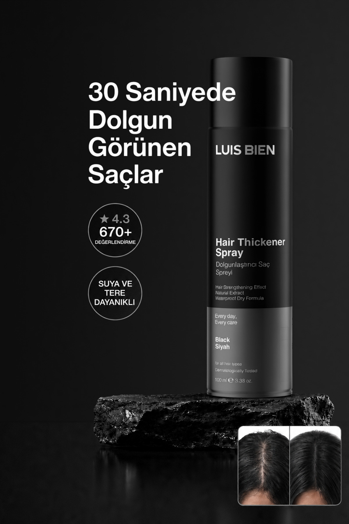 Luis Bien Dolgunlaştırıcı Saç Spreyi Siyah 100 ml – Suya Dayanıklı Amonyaksız Geçici Fiber Sprey — مشکی 8681529831980