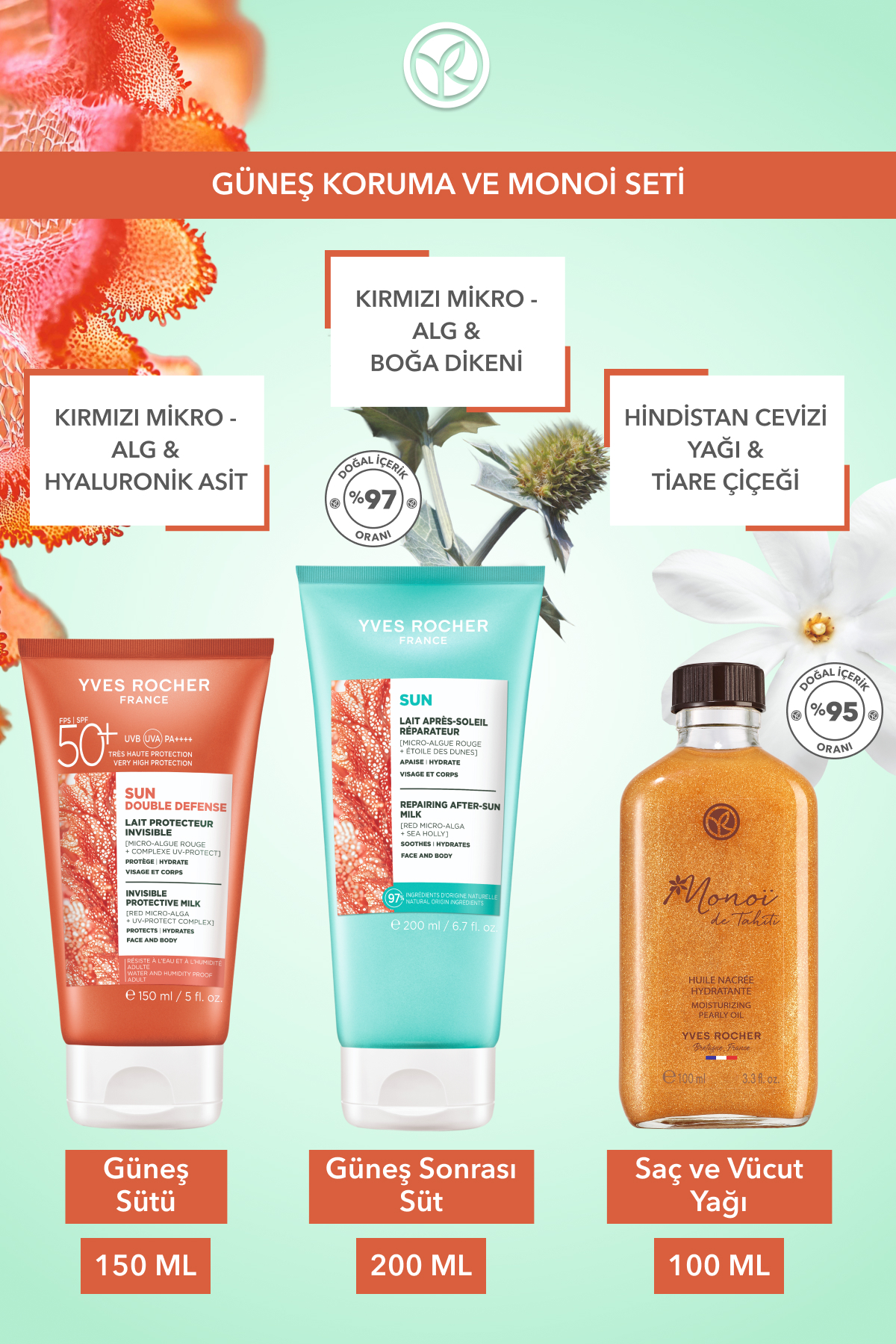 ست محافظت در برابر آفتاب و مونوئی - کرم ضد آفتاب 150 میلی لیتر با SPF 50 & شیر بعد از آفتاب 200 میلی لیتر & روغن خشک مونوئی 100 میلی لیتر