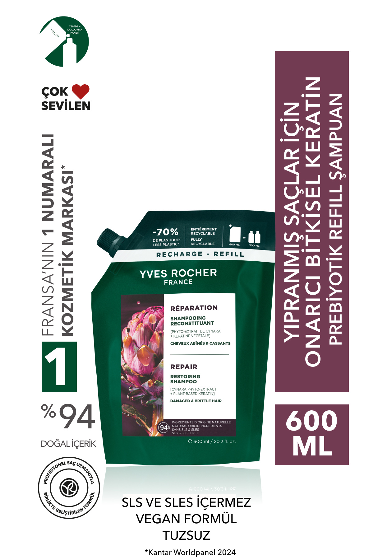 Yves Rocher Onarıcı Bitkisel Keratin Prebiyotik Refill Şampuan -Yıpranmış Saçlar- SLS,SLES içermez,Tuzsuz -600ml