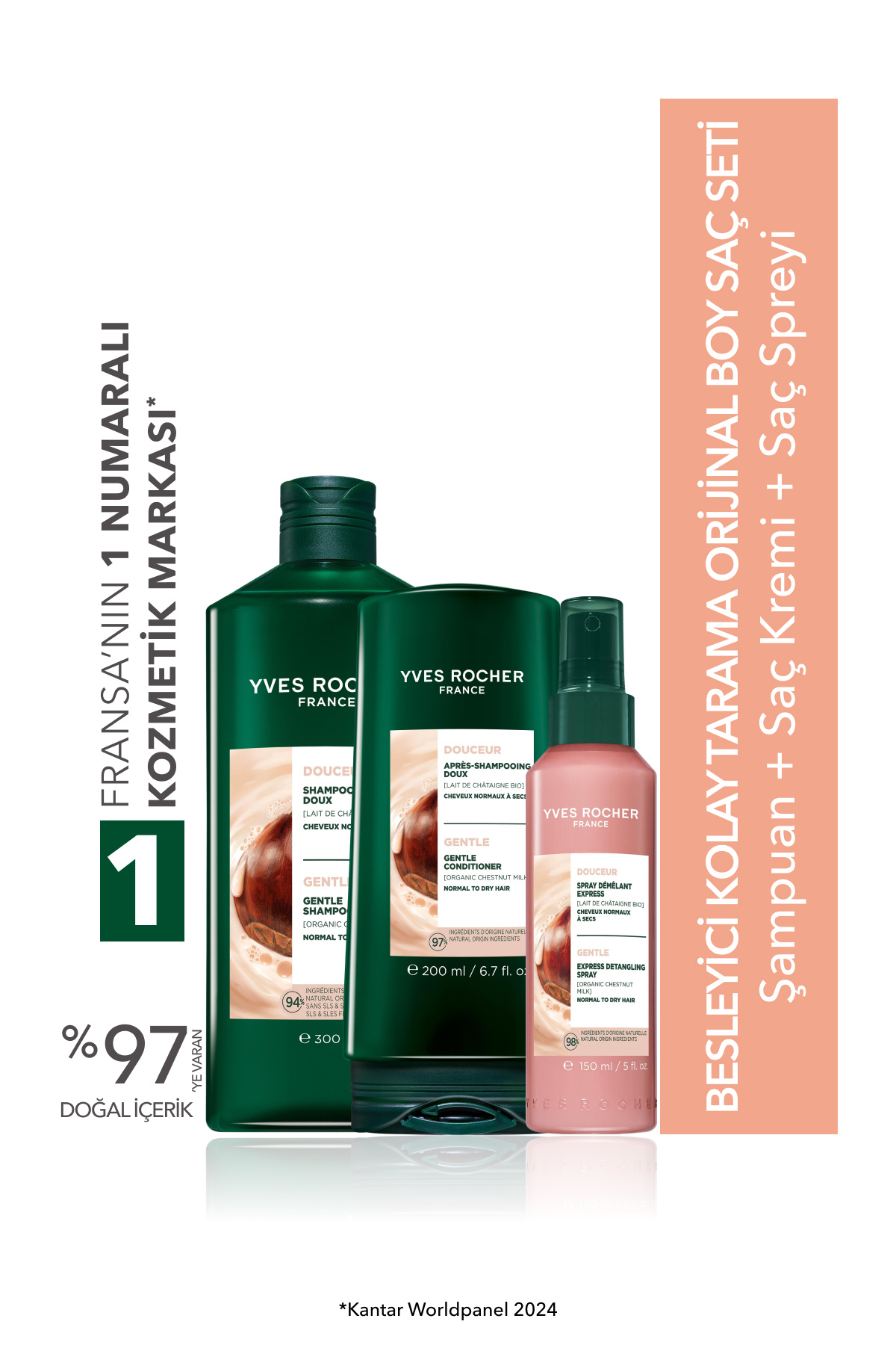 Yves Rocher Besleyici Kolay Tarama Orjinal Boy Saç Seti- Şampuan 300ml & Saç Kremi 200ml & Saç Spreyi 150 ml — 9916998