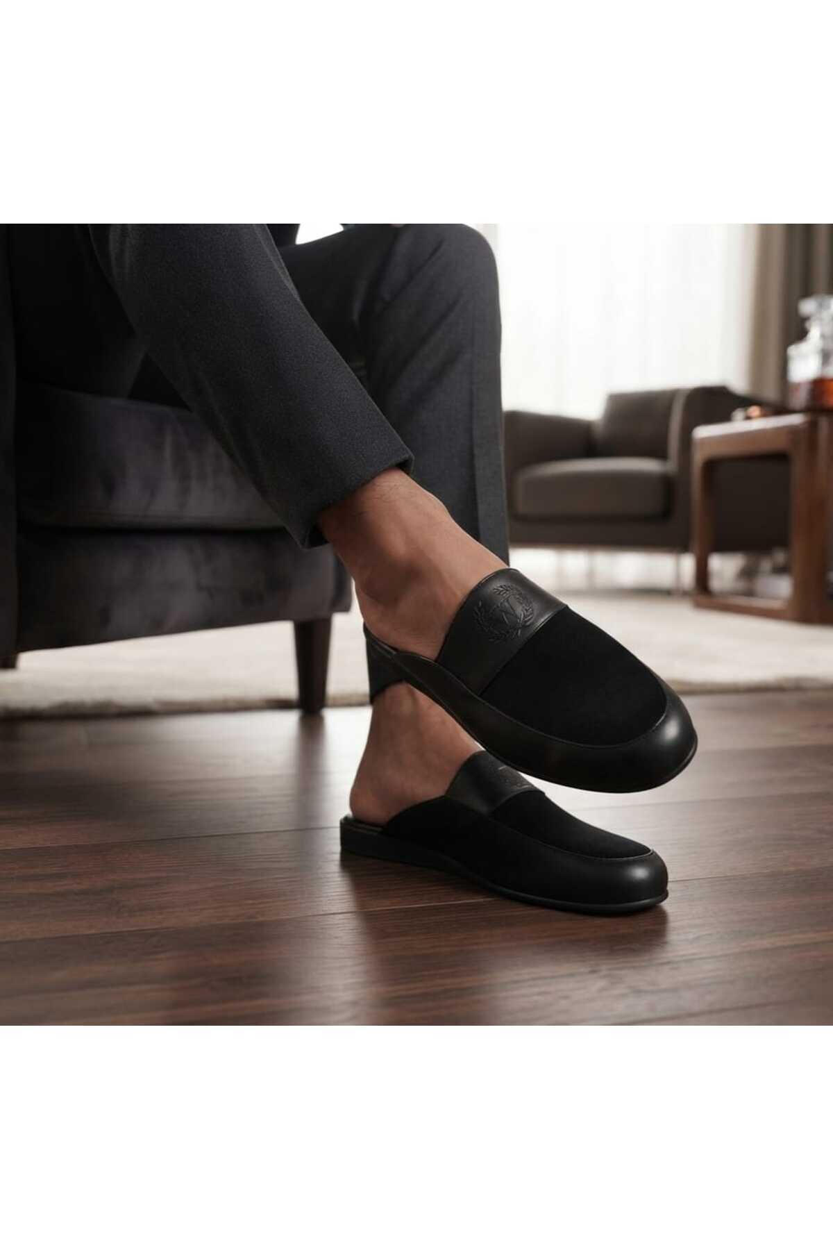 W-Luvion Armalı Deri Terlik W-112 Çeyizlik Comfort Taban Baba Damat Misafir Terliği görsel 2