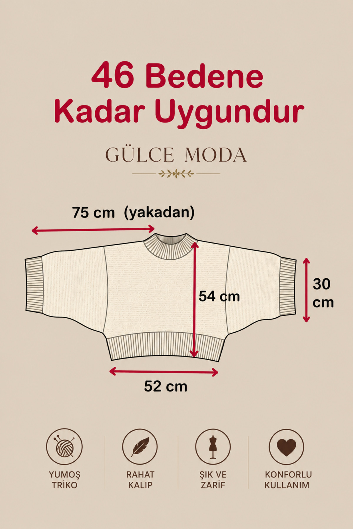 Gülce moda Kadın Yarasa Kol Oversize Triko Kazak Ten görsel 3