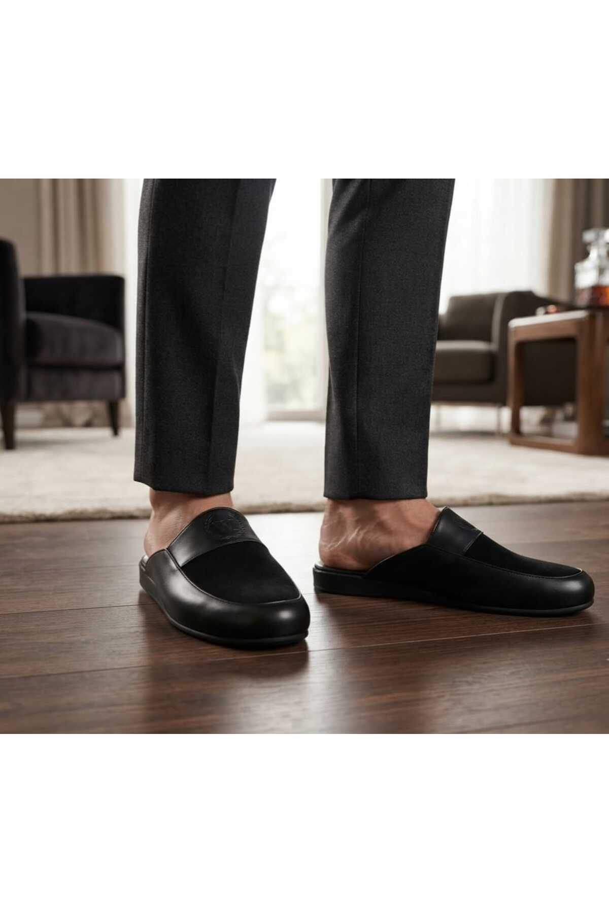 W-Luvion Armalı Deri Terlik W-112 Çeyizlik Comfort Taban Baba Damat Misafir Terliği görsel 3