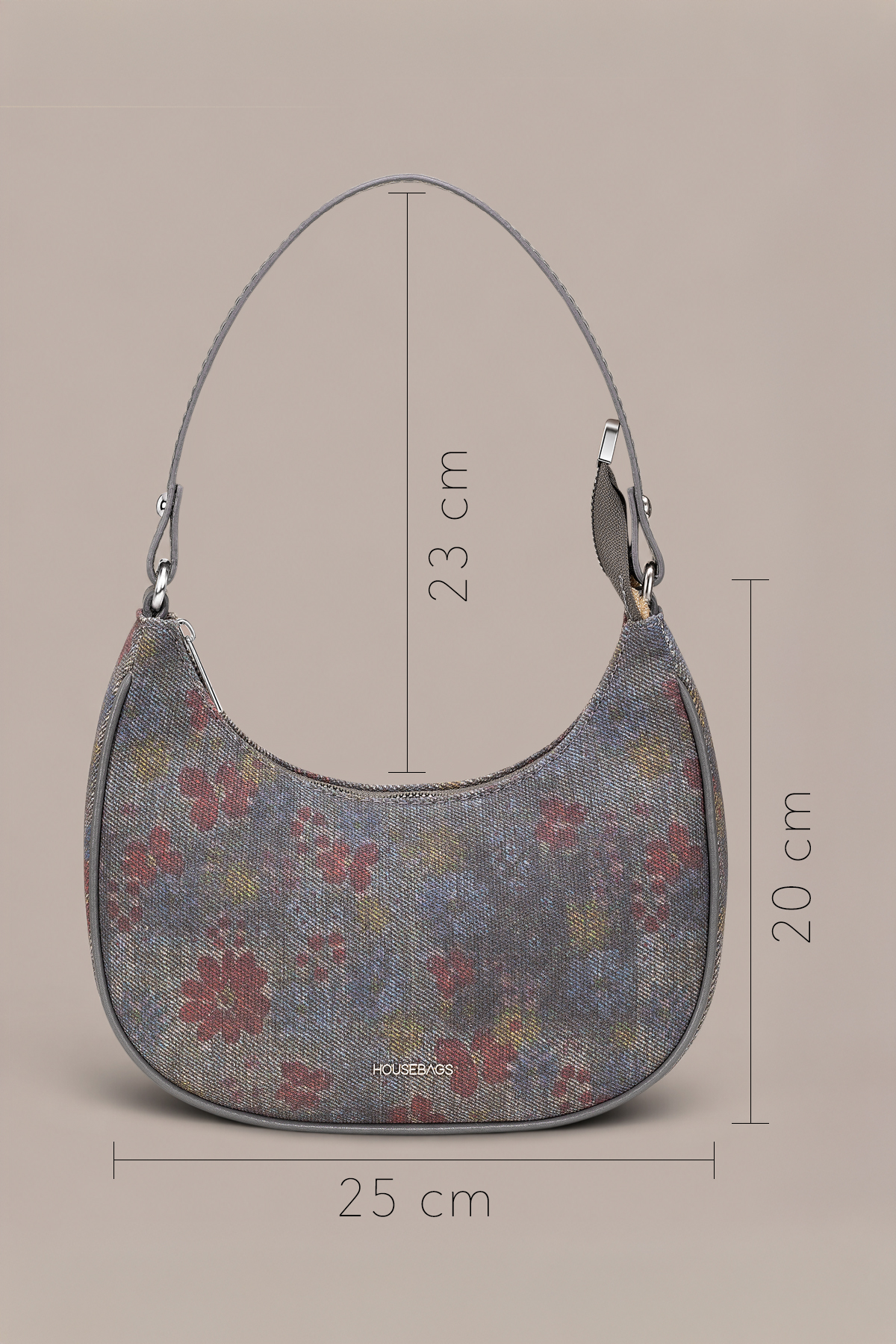 Housebags Dumanlı Gri/Smoke Grey Denim Vintage Floral Hobo Kadın Omuz Çantası, Silver Metal Detaylı, Fermuarlı görsel 6