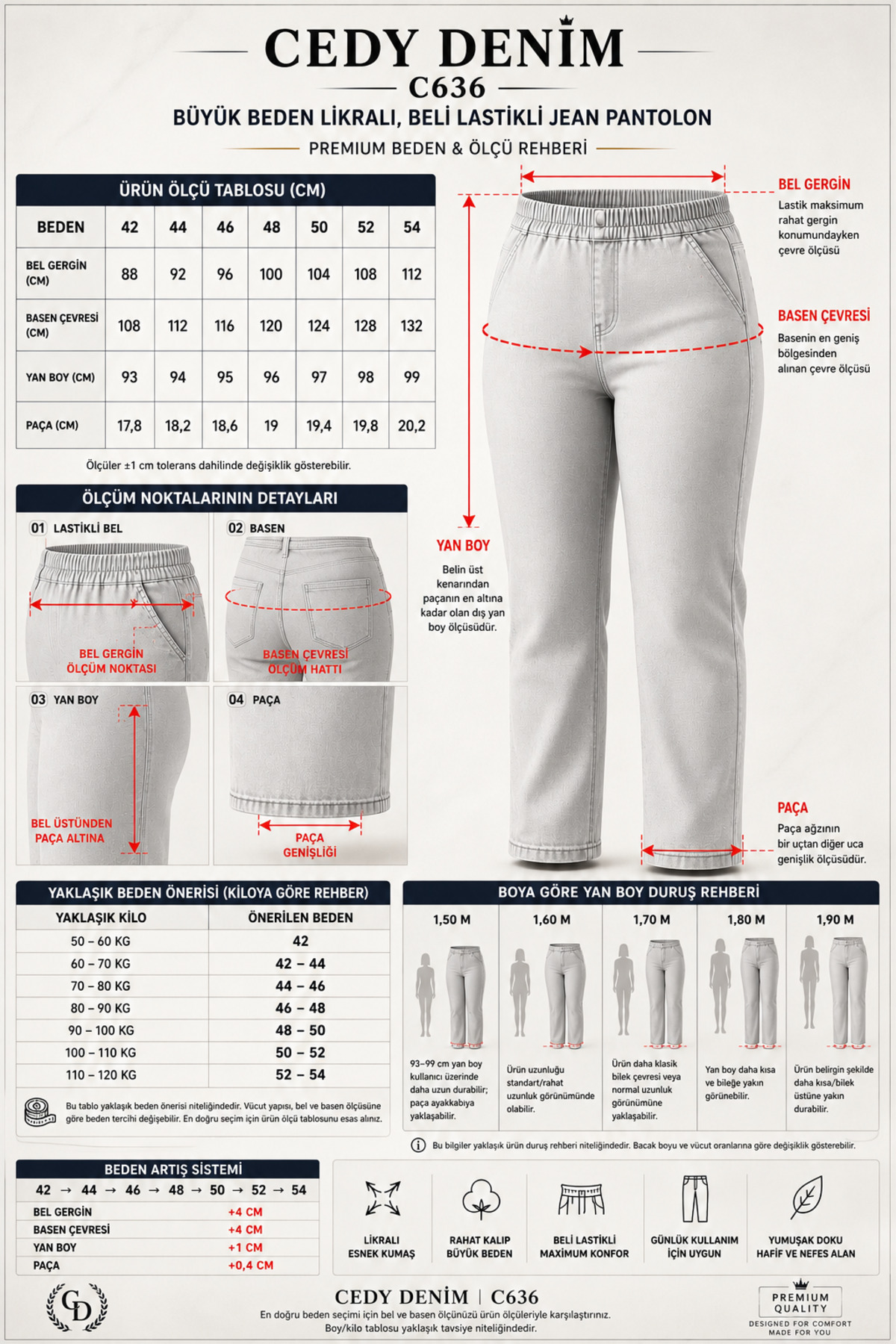 CEDY DENIM - Büyük Beden Likralı Kumaş Cepsiz Beli Lastikli Palazzo Pantolon C642-Beyaz görsel 2