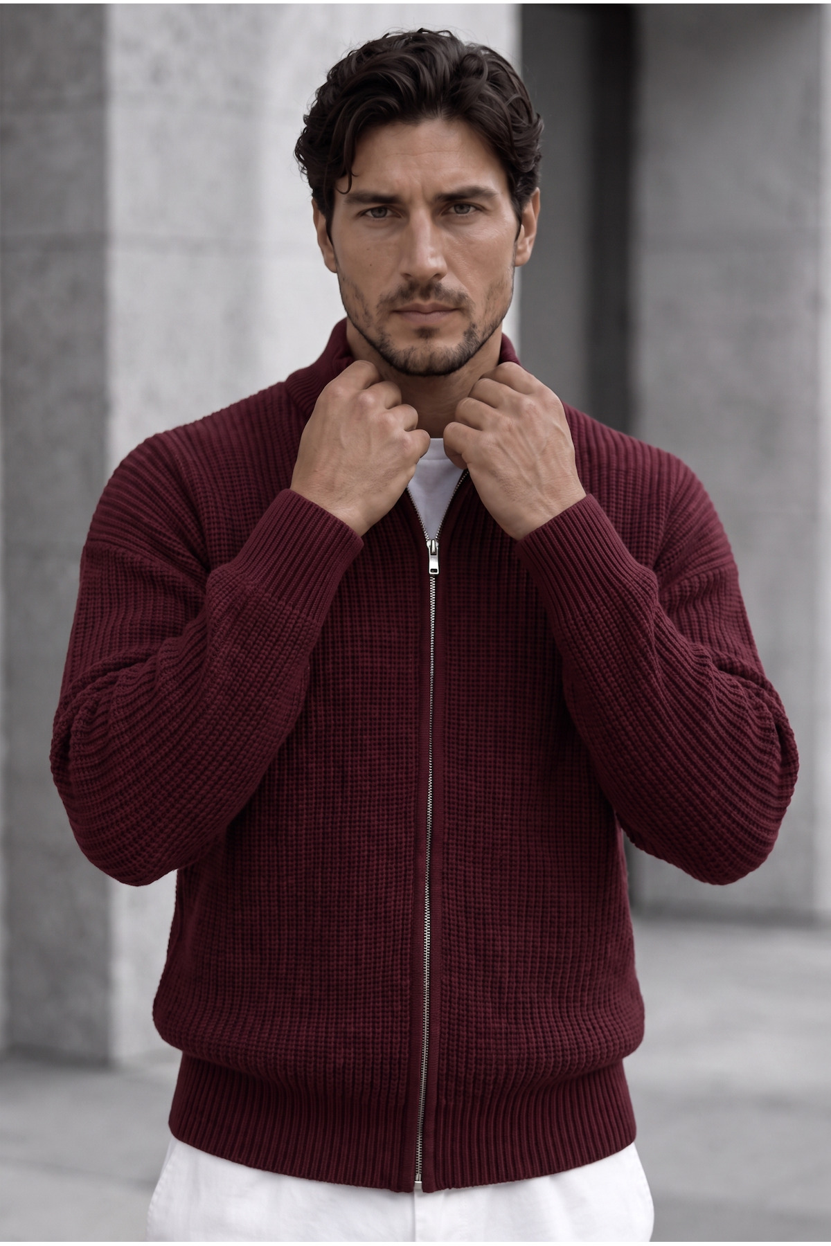 Valiberta Woody Oversize Selanik Örme Fermuarlı Erkek Hırka- Bordo görsel 2