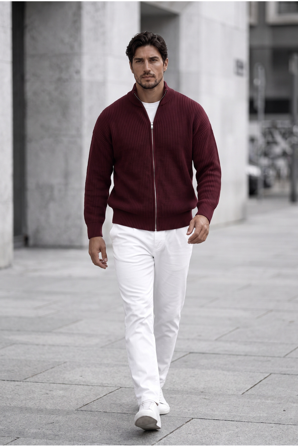Valiberta Woody Oversize Selanik Örme Fermuarlı Erkek Hırka- Bordo görsel 6