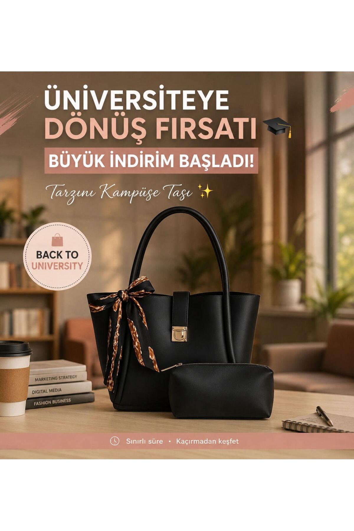 ROYAL LADYS Büyük Boy Çanta Gold Detaylı + Hediye Fular