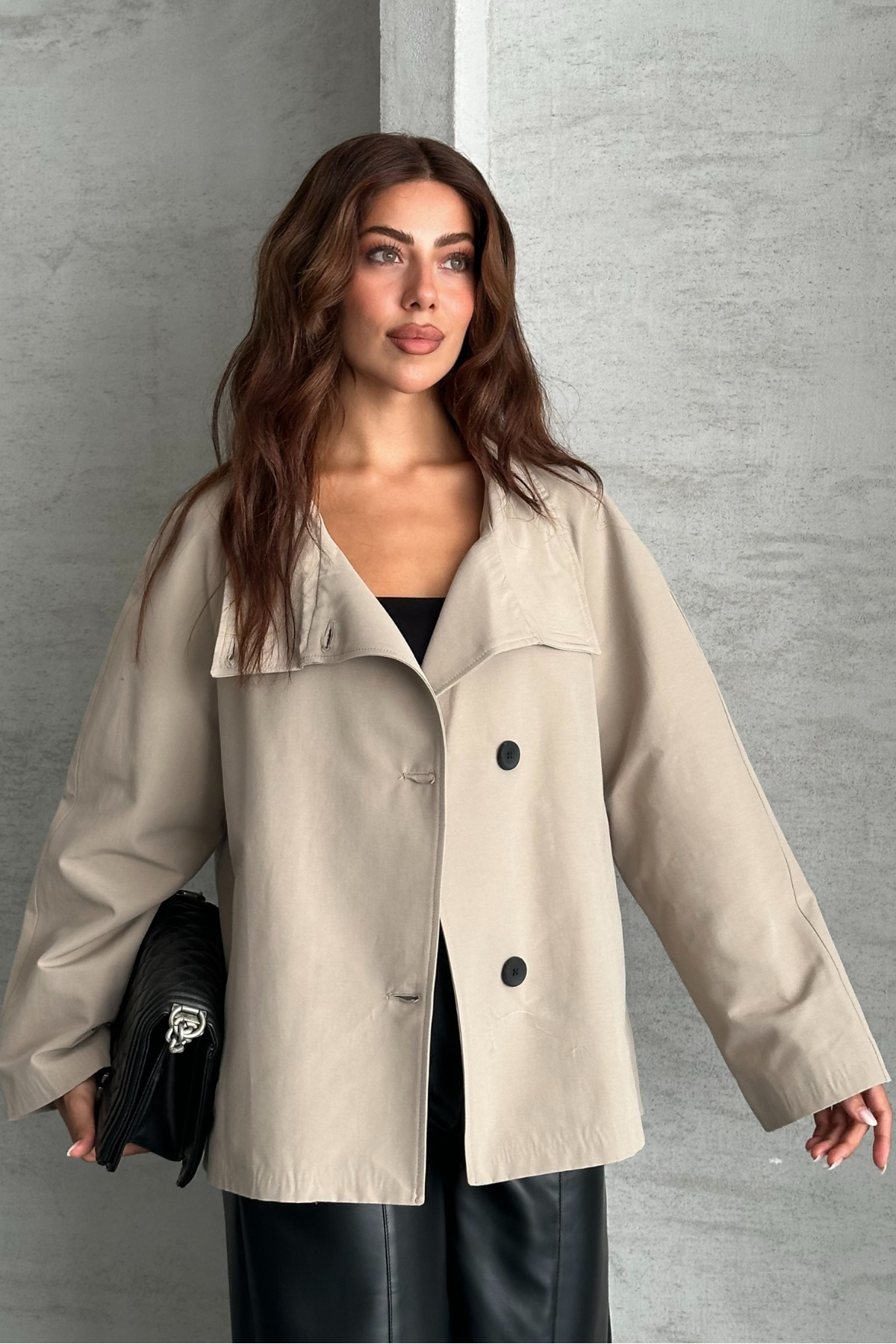 macharel jeans Kadın Astarlı Oversize Düğmeli Geniş Yaka Mevsimlik Trenç Ceket görsel 6