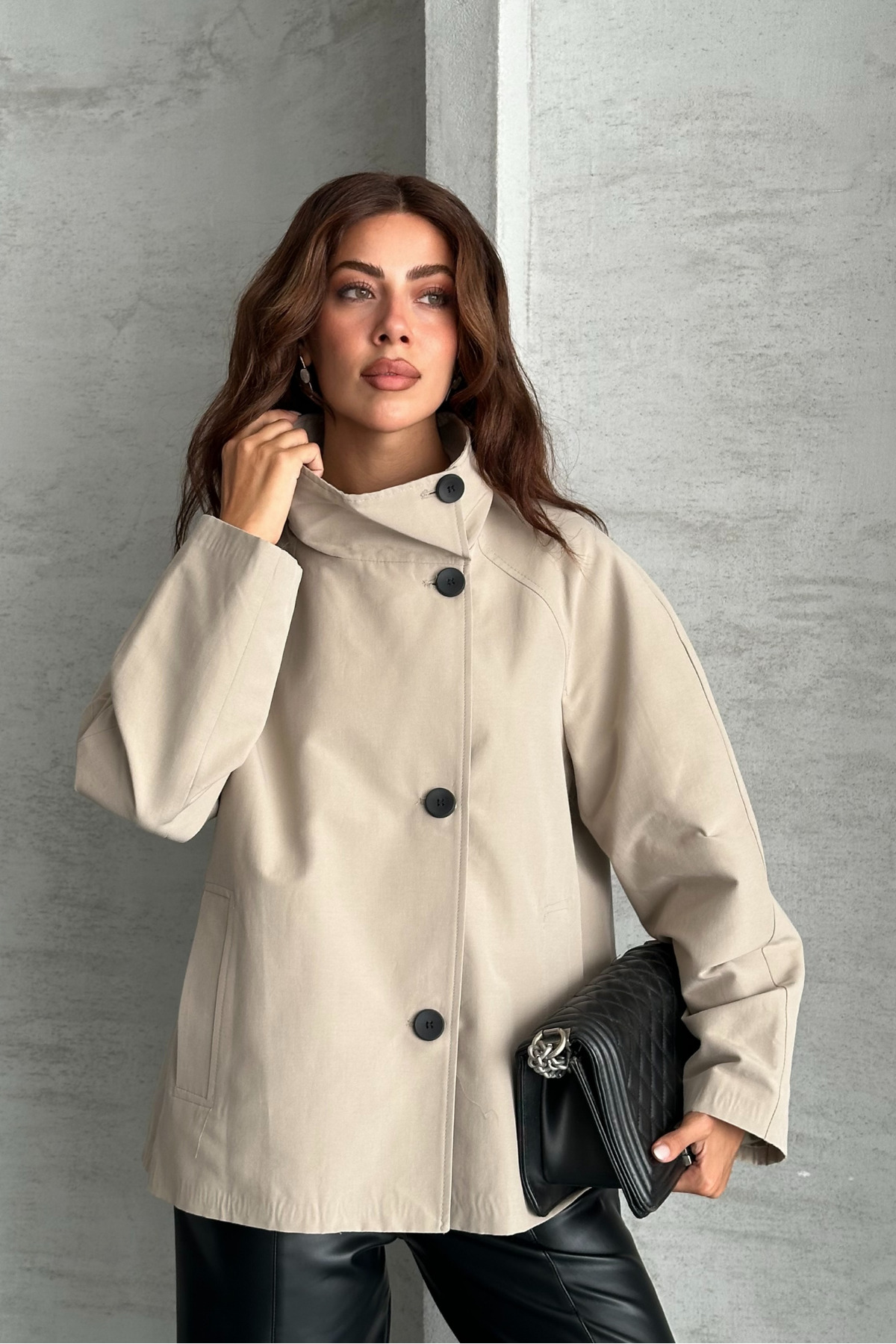 macharel jeans Kadın Astarlı Oversize Düğmeli Geniş Yaka Mevsimlik Trenç Ceket görsel 8