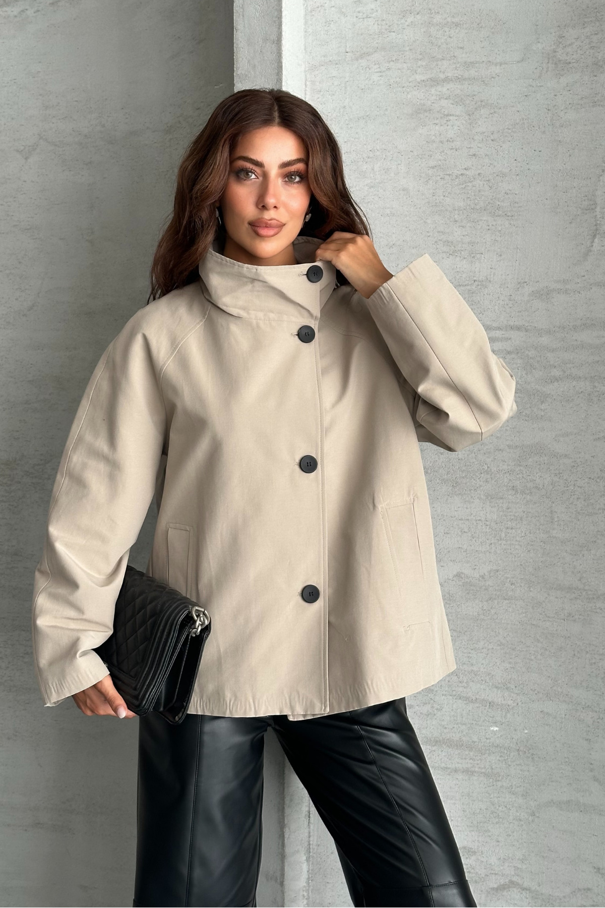 macharel jeans Kadın Astarlı Oversize Düğmeli Geniş Yaka Mevsimlik Trenç Ceket görsel 3