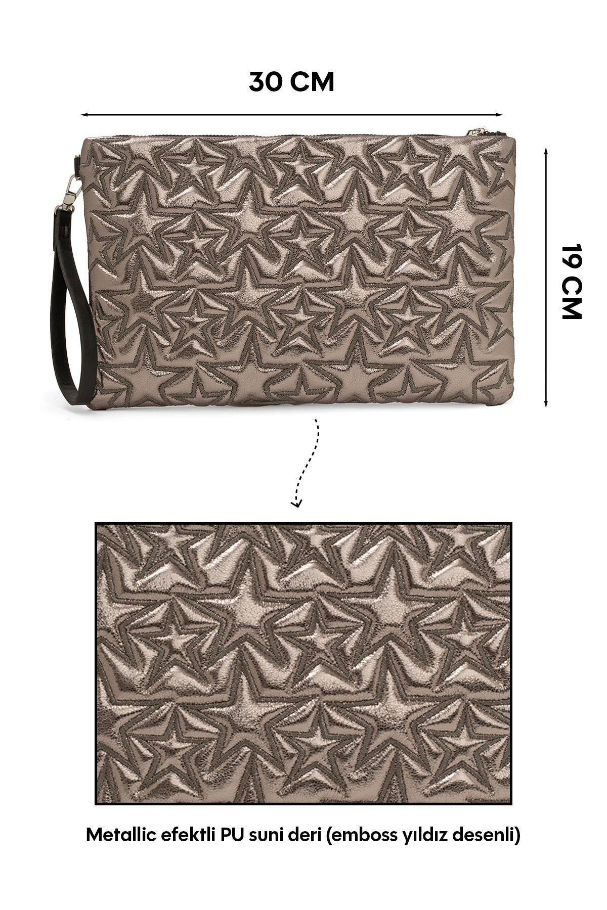 Ecrou Yıldız Desenli Platin Parlak Portföy & Clutch Çanta Çıkarılabilir Bileklik Askılı 30 x 19 cm görsel 7