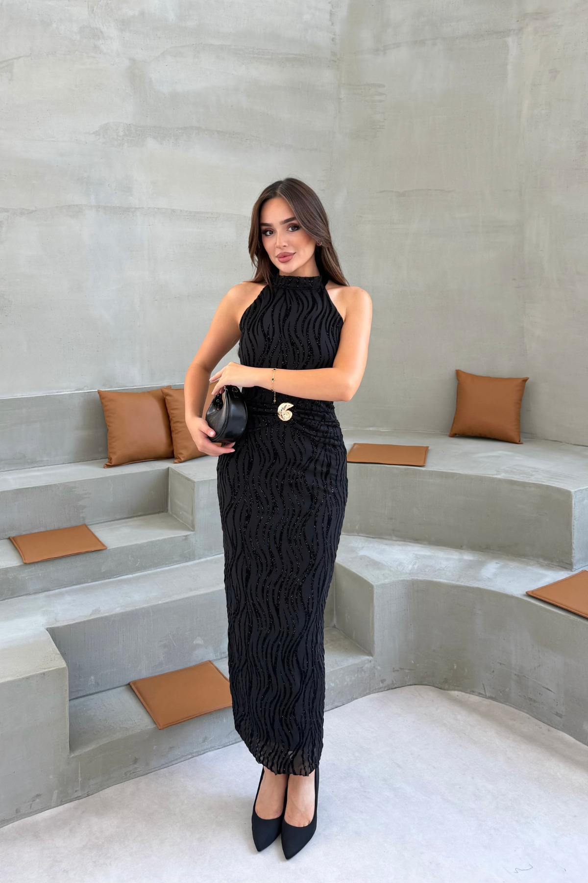 Nika Fashion Kadın Flok Baskı Boyundan Bağlamalı Sim Detay Maxi Boy Elbise görsel 4