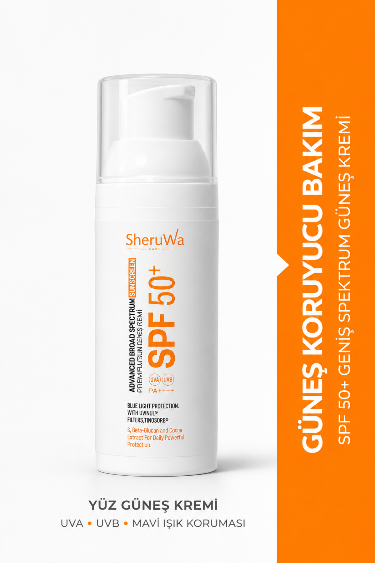 SheruWa Care SPF 50+ PA++++ Geniş Spektrum Güneş Kremi | UVA & UVB Koruma | Mavi Işık Koruyucu