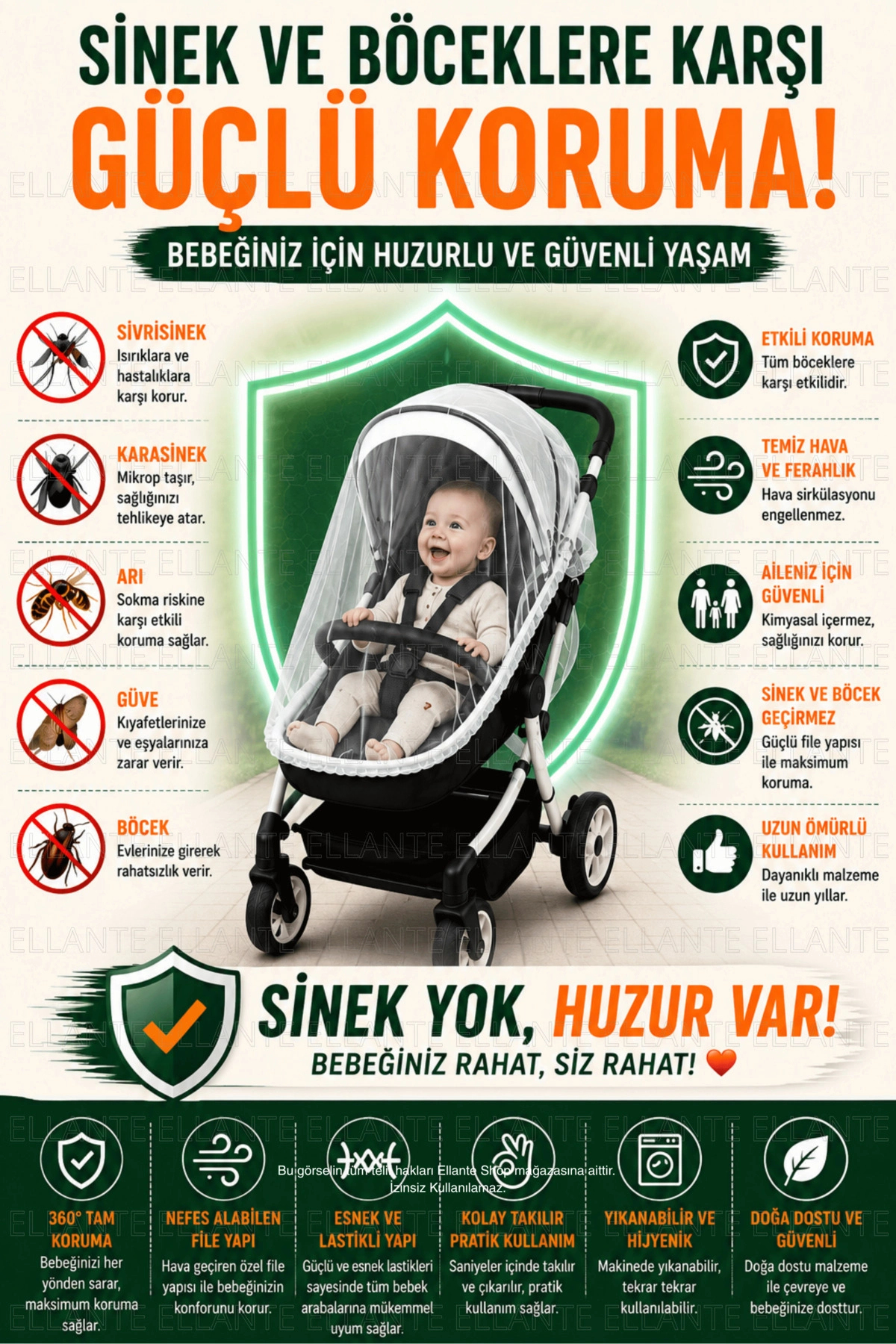 ellante Bebek Arabası Sinekliği | Evrensel Uyumlu Koruyucu File | 360° Tam Koruma | Sivrisinek ve Böcek Geçi