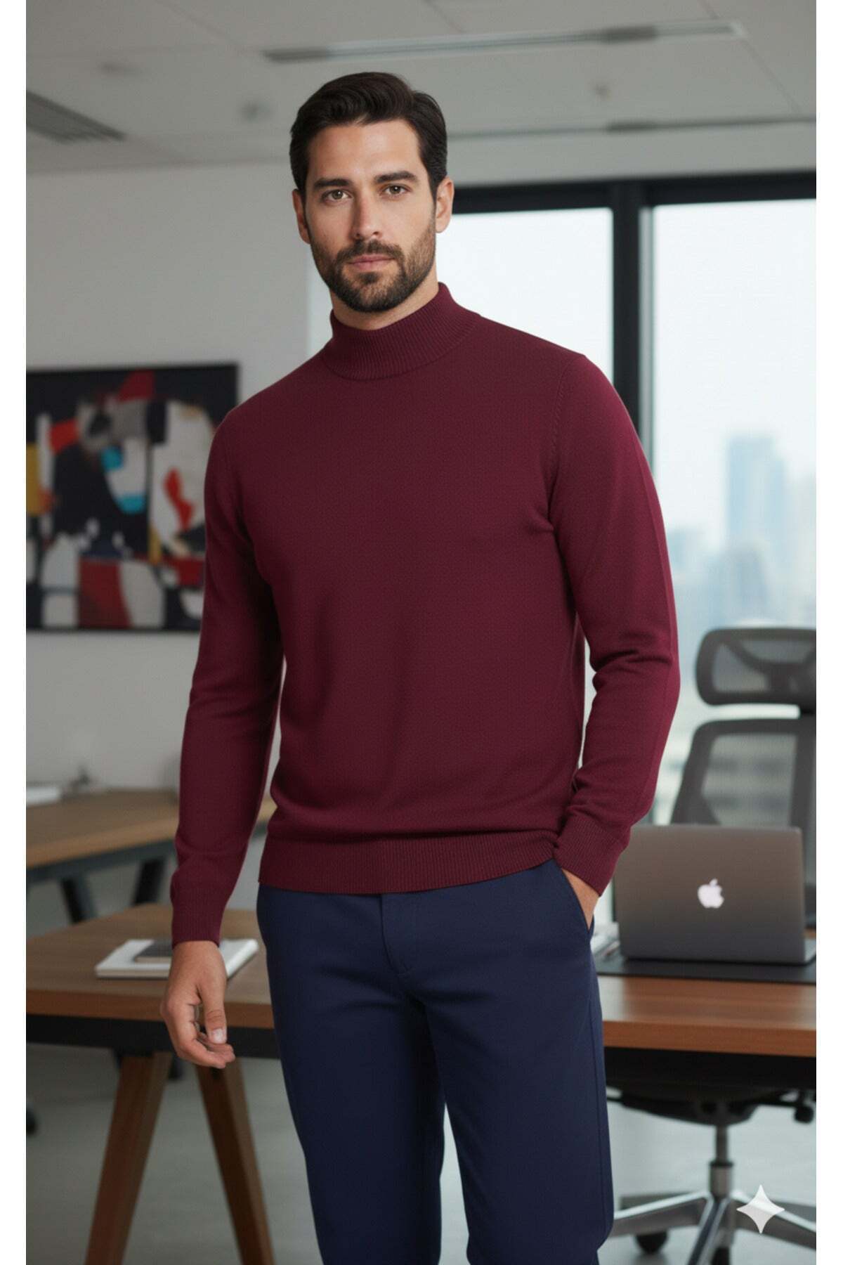Millionaire Erkek Bordo Yarım Balıkçı Yaka Standart Normal Kesim Regular Fit Akrilik Karışımlı Triko Kazak görsel 3