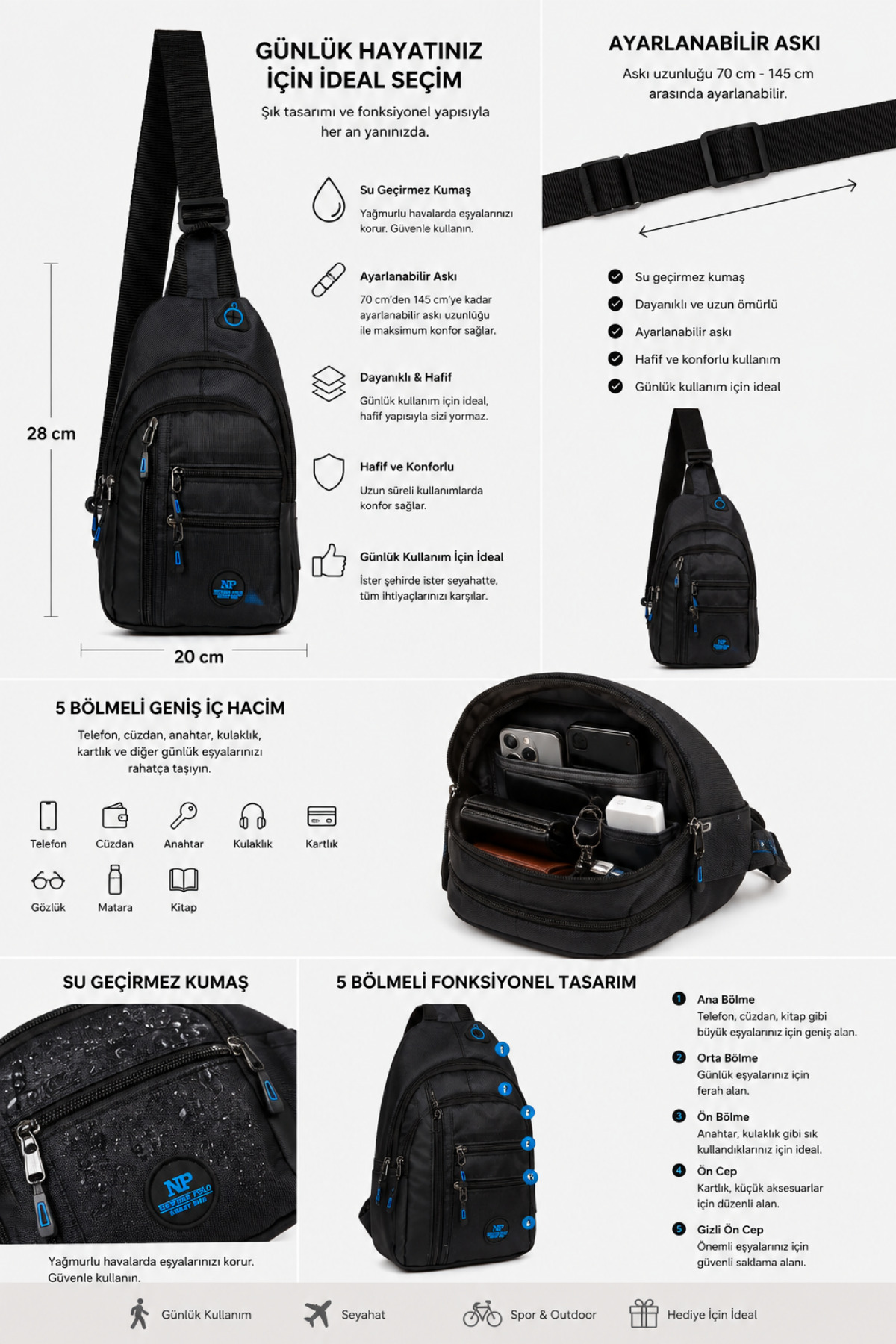 Newish Polo Unisex Su Geçirmez Kulaklık Usb Çıkışlı Çapraz Askılı Çanta Bel Omuz Ve Göğüs Çanta Günlük Bodybag görsel 2