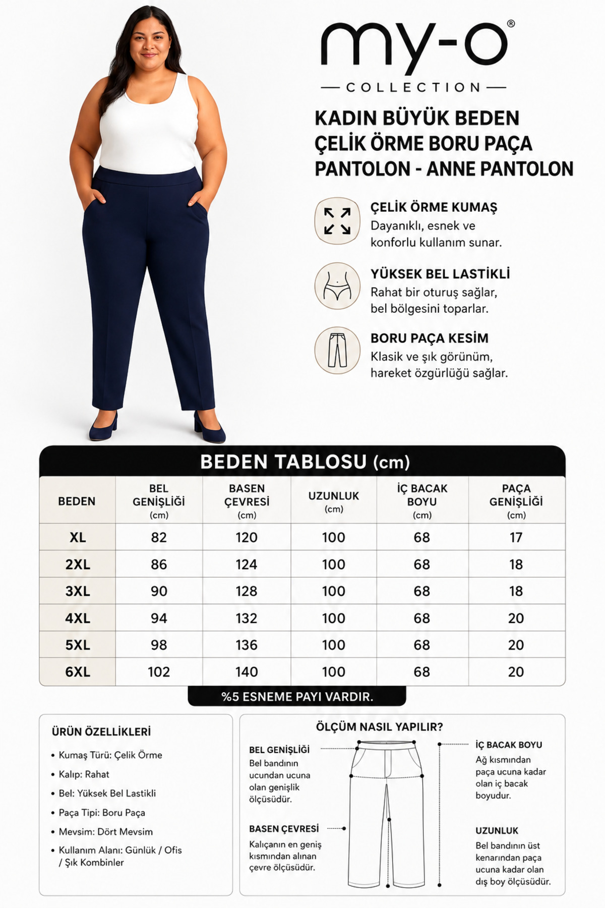 My-o Kadın Büyük Beden Çelik Örme Boru Paça Pantolon - Anne Pantolon (2. Fotoğraftaki Beden Tablosuna Gözatabilirsiniz.) görsel 2