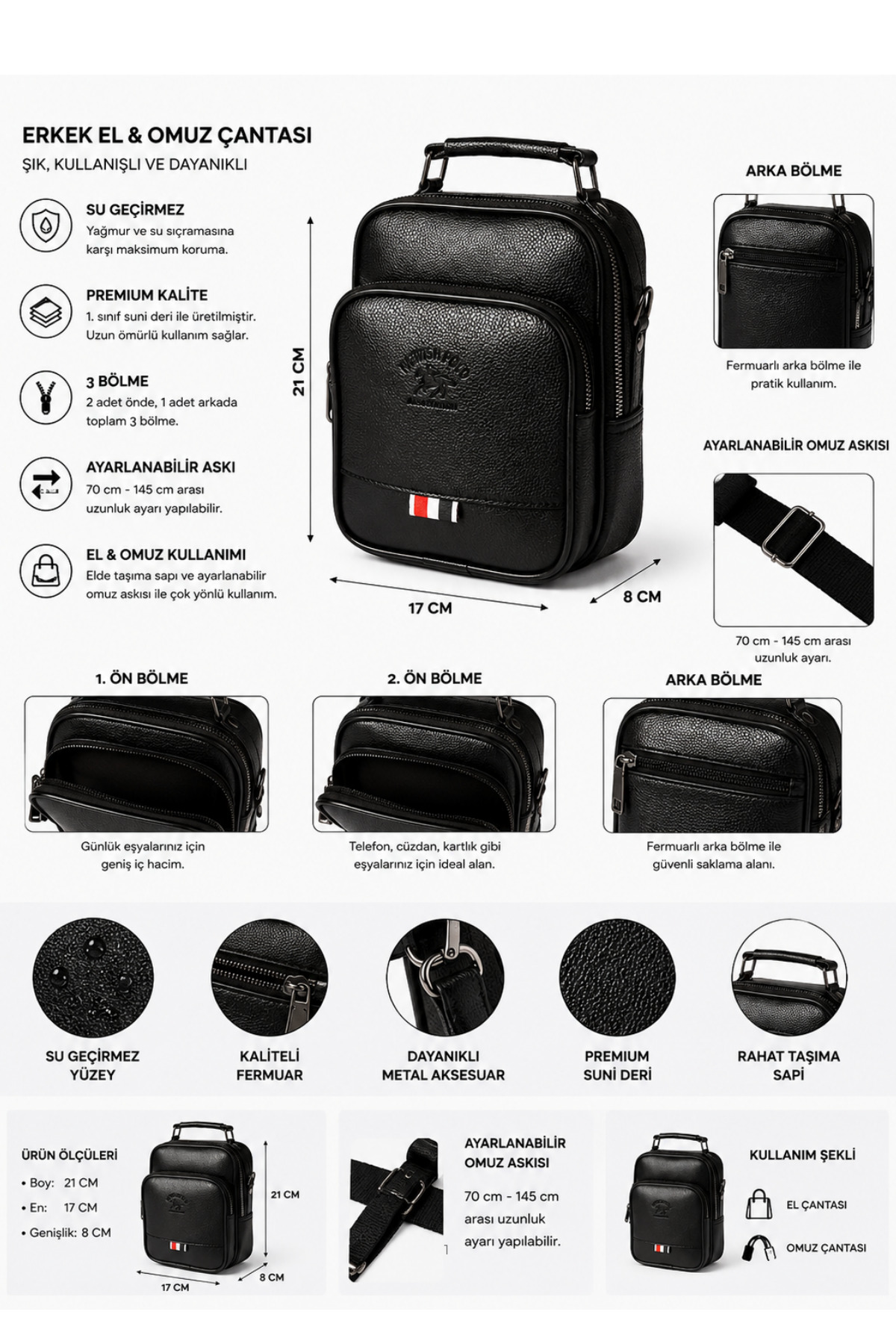 NEWISH POLO ACCESSORIES Erkek Siyah Deri Voyager Şık Günlük El Ve Omuz Çantası Şık Crossbody Günlük Erkek Seyahat Çantası görsel 4