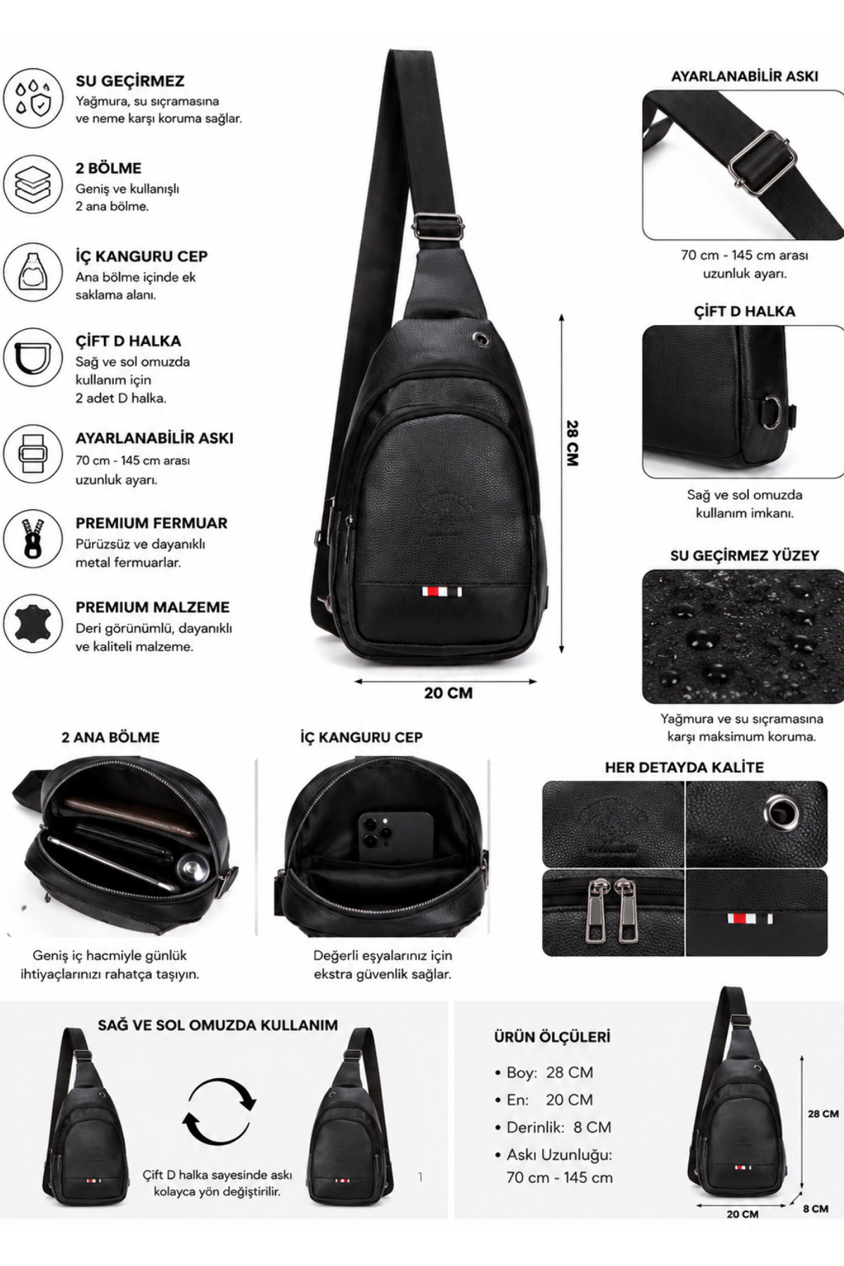 Newish Polo Unisex Deri Çapraz Askılı Çanta Göğüs Çanta Çift Yönlü Omuz Çanta Kulaklık Çıkışlı Bodybag Günlük görsel 2