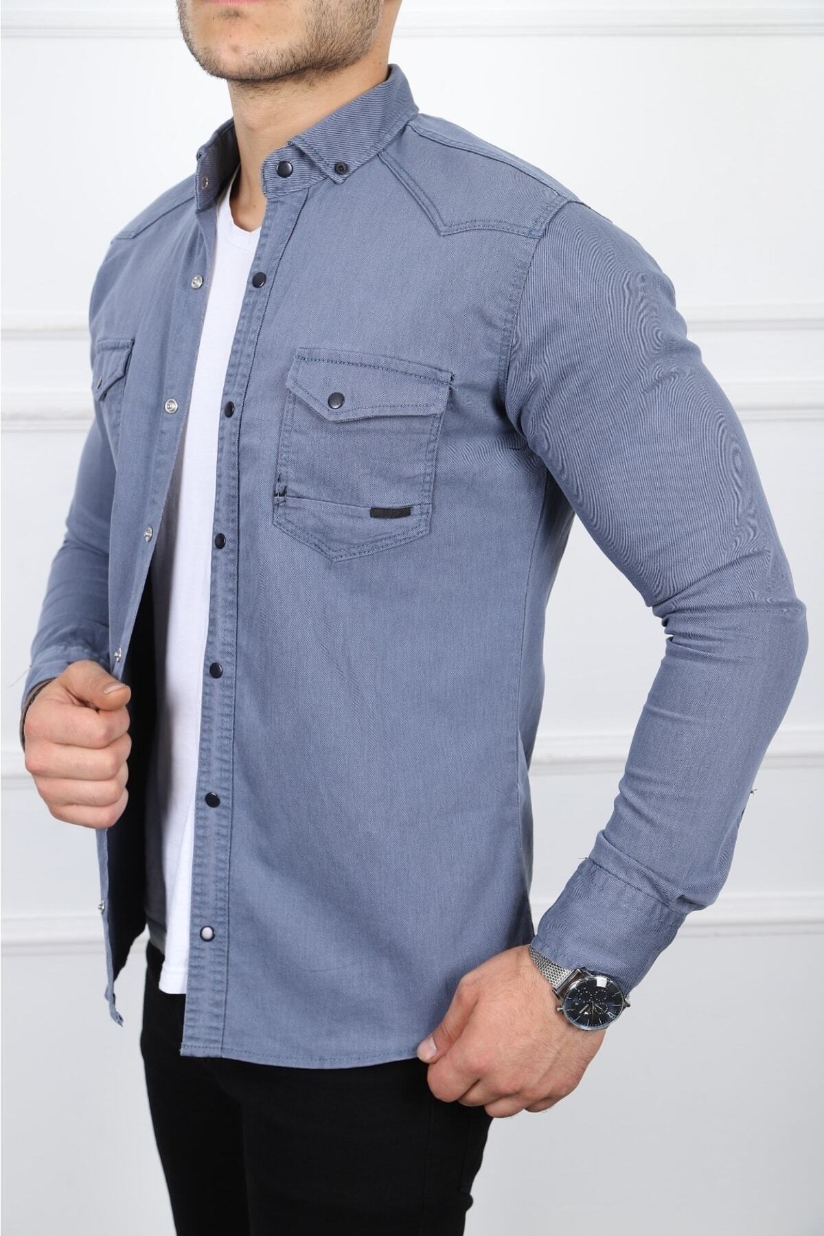 Erkek Kot Gömlek Slim Fit Soluk Mavi — آبی 7412