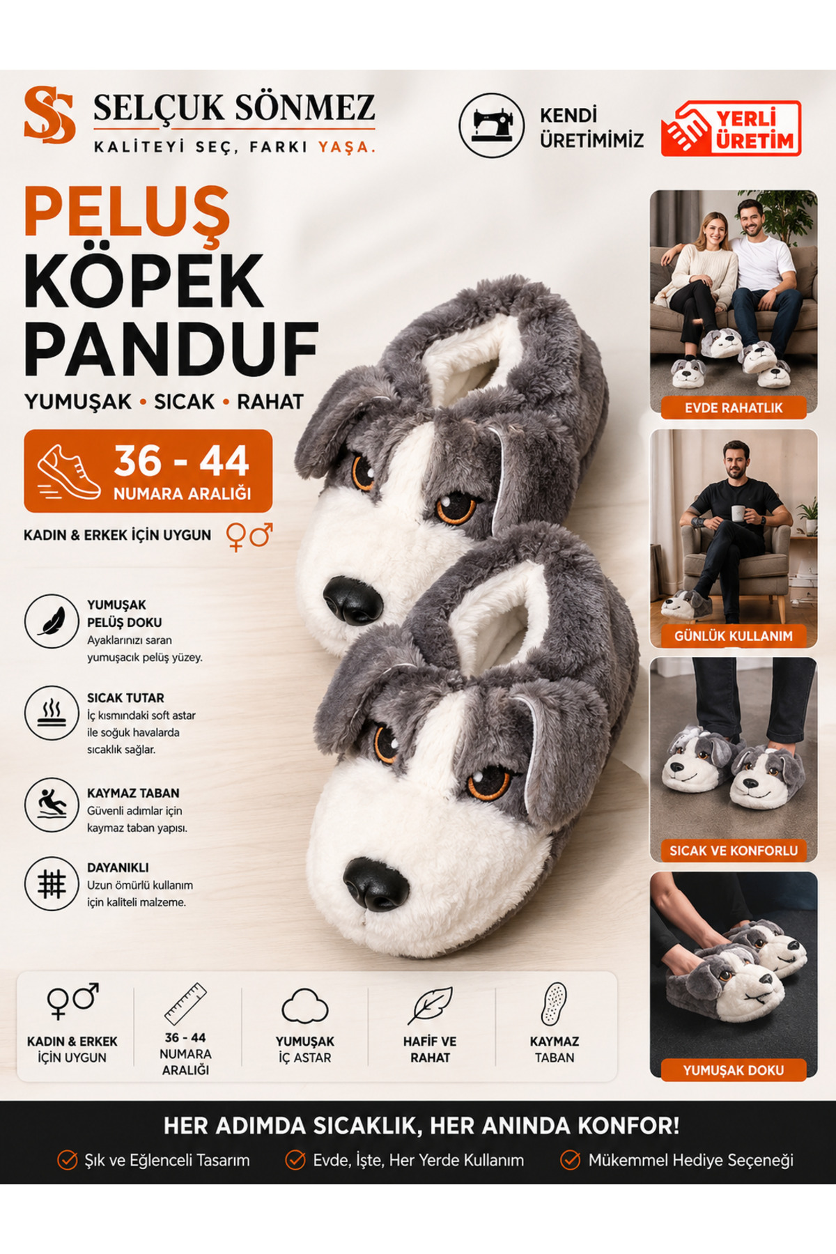 SELÇUK SÖNMEZ Gri Peluş Köpek Panduf Kadın Ev Terliği 36-44 Numara