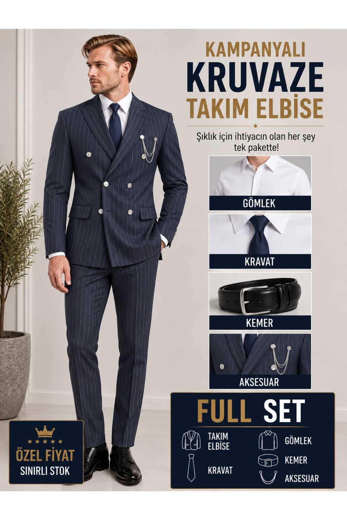 KRUVAZE FULL SET LACİVERT TAKIM ELBİSE DAR KESİM — سرمه‌ای KRV01