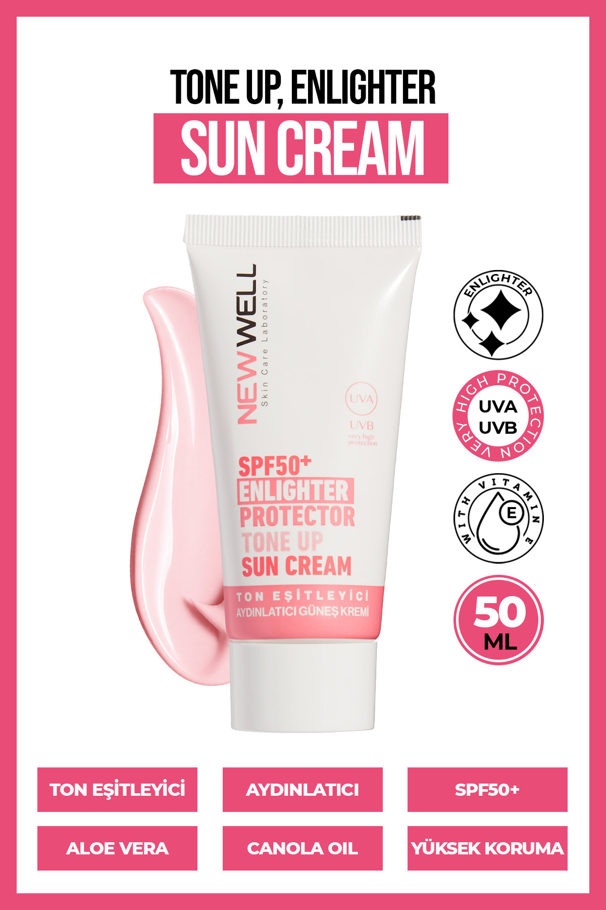 New Well Ton Eşitleyici yüksek Koruma Etkili Spf50+ Aydınlatıcı Pembe Yüz Gün...