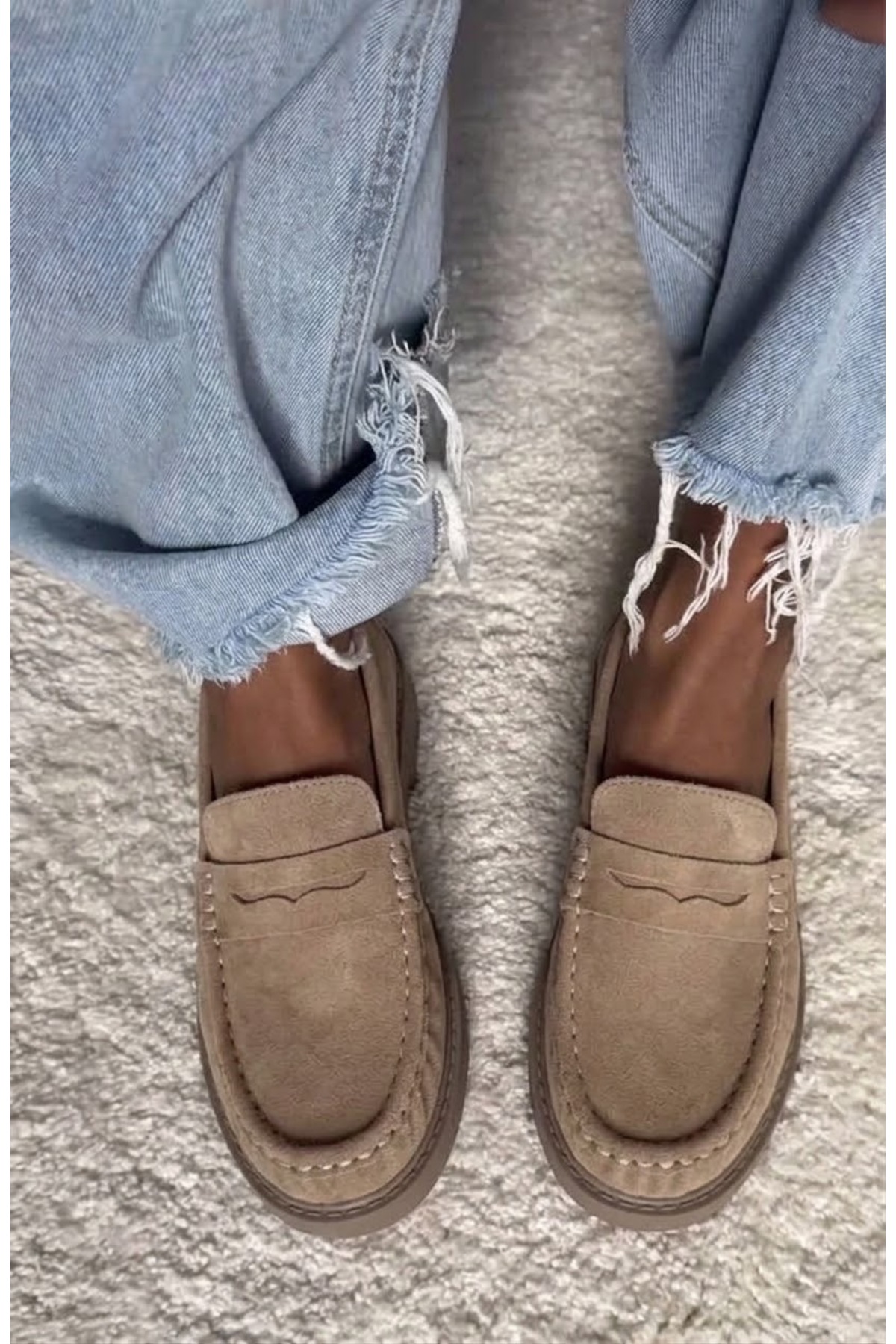 guijarro Bej Kadın Penny Hakiki Süet Loafer - Yeni Trend Süet Kaymaz Taban El Dikişli Günlük Ayakkabı görsel 4