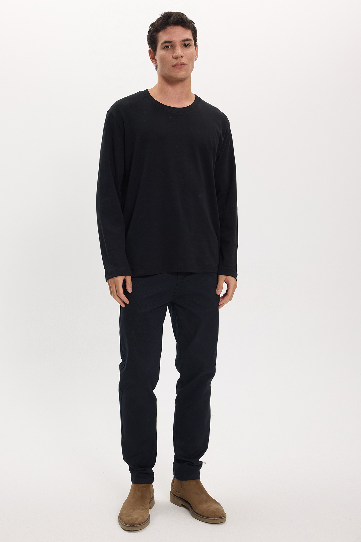 Tudors Unisex Relax Fit Rahat Kesim %100 Pamuk Uzun Kollu Bisiklet Yaka Siyah Basic Tişört görsel 2