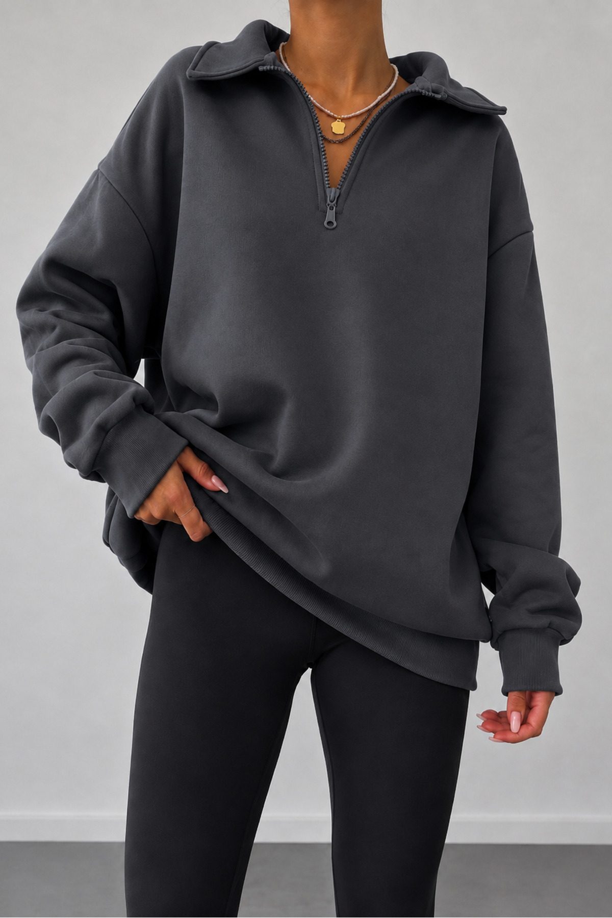 Sun Victoria Kadın Antrasit Polo Yaka Oversize 3 İplik Şardonlu Sweatshirt görsel 3