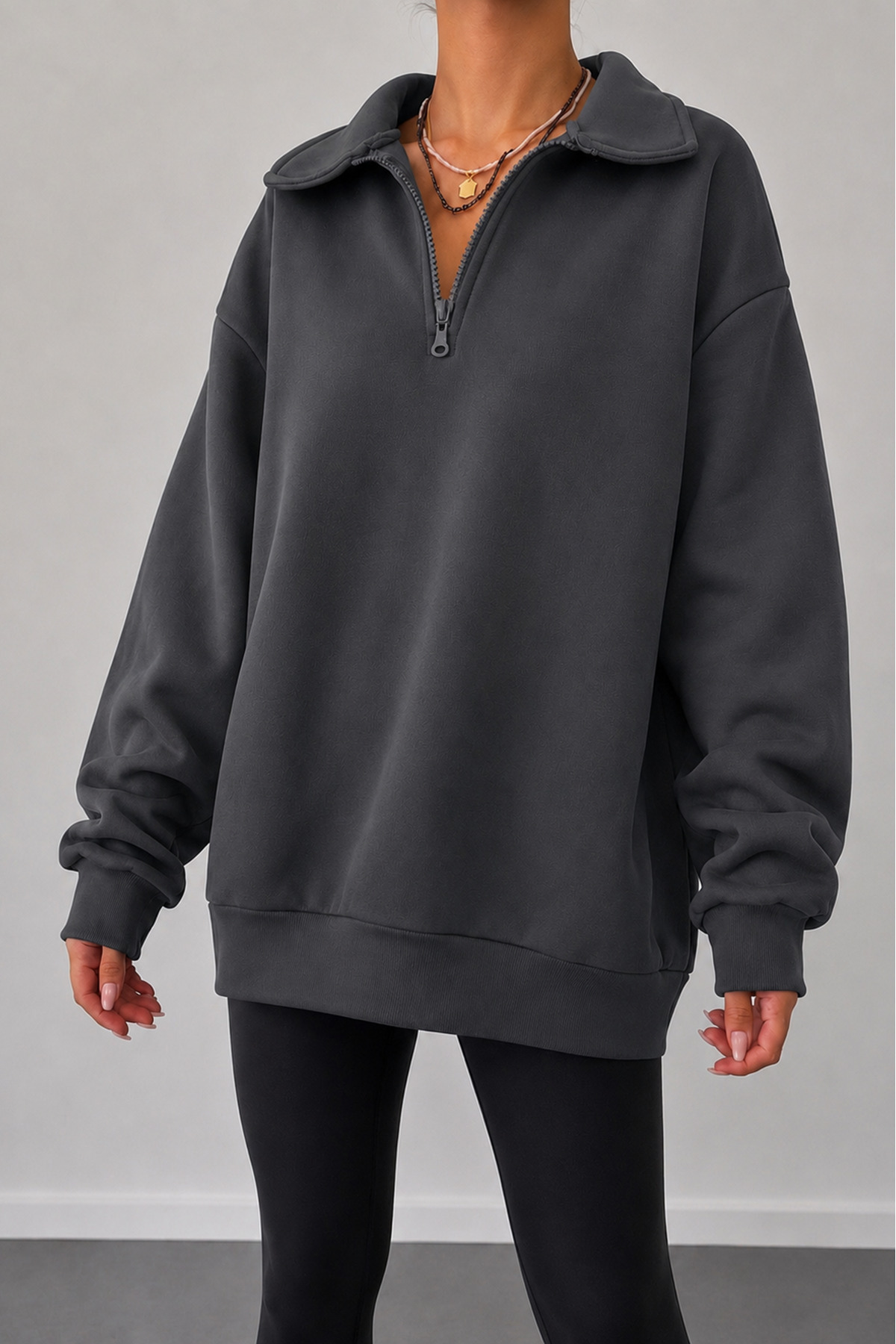 Sun Victoria Kadın Antrasit Polo Yaka Oversize 3 İplik Şardonlu Sweatshirt