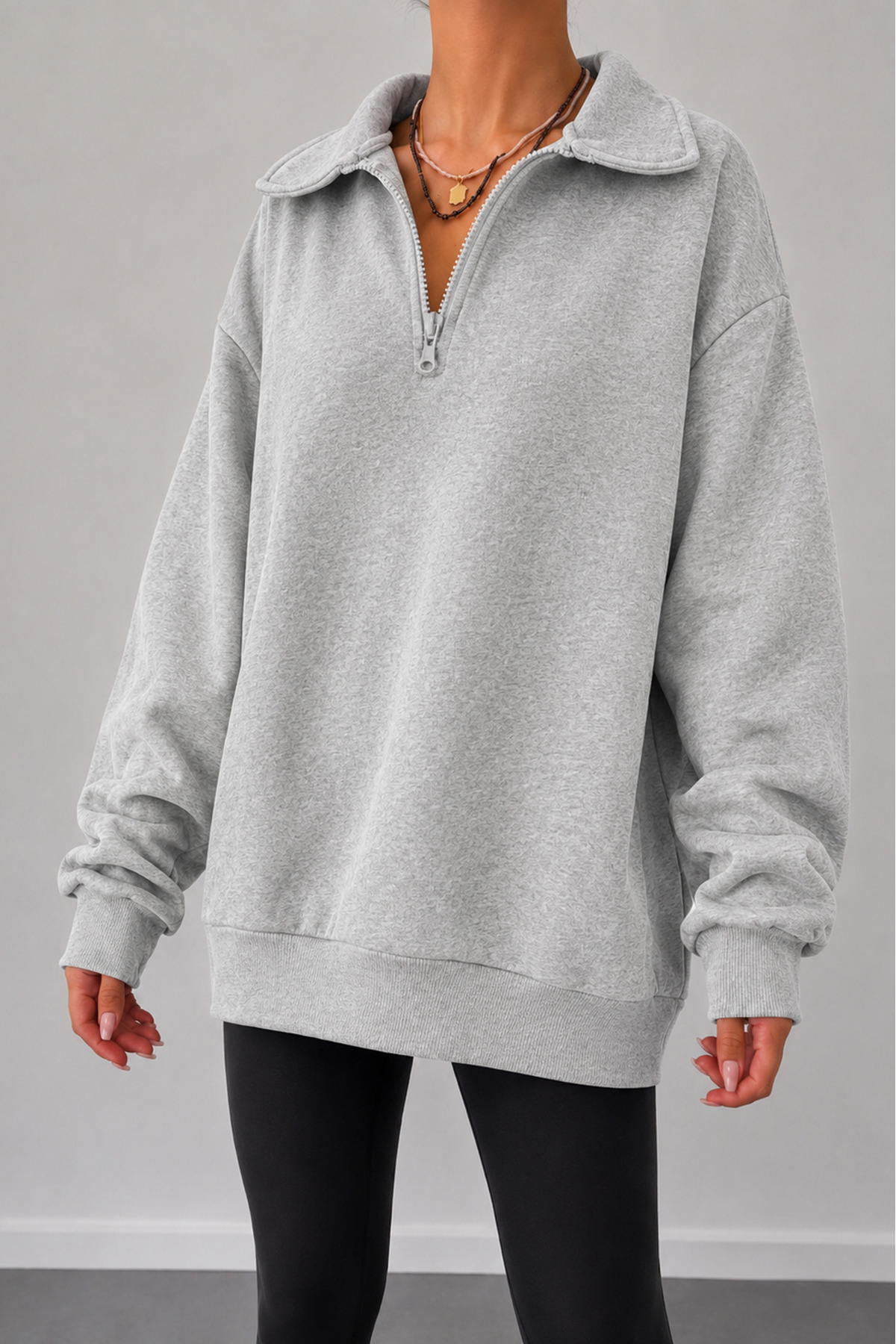 Sun Victoria Kadın Gri Polo Yaka Oversize 3 Iplik Şardonlu Sweatshirt görsel 2