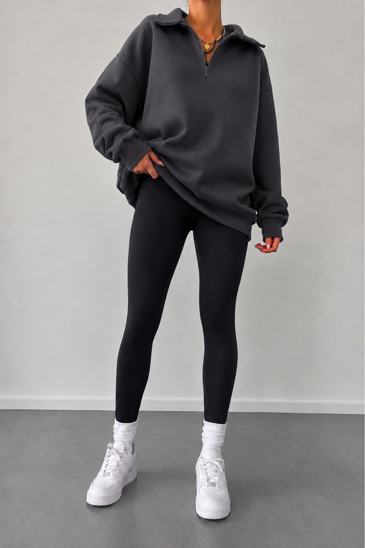 Sun Victoria Kadın Antrasit Polo Yaka Oversize 3 İplik Şardonlu Sweatshirt görsel 2