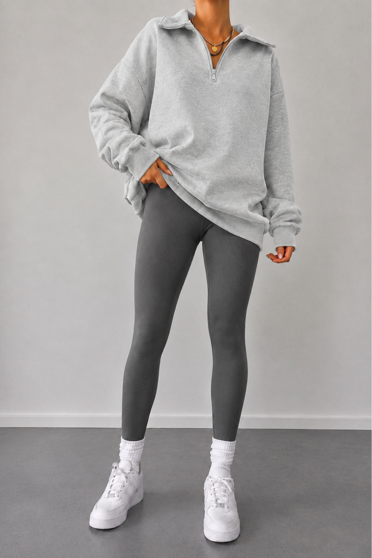 Sun Victoria Kadın Gri Polo Yaka Oversize 3 Iplik Şardonlu Sweatshirt görsel 3