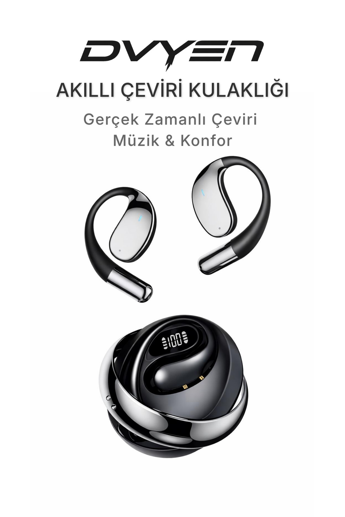 DVYEN AI Canlı Çeviri Kulaklık Bluetooth5.4 | 100+ Dil Anlık Tercüme Görüşme Çeviri Açık Kulak TWS ENC