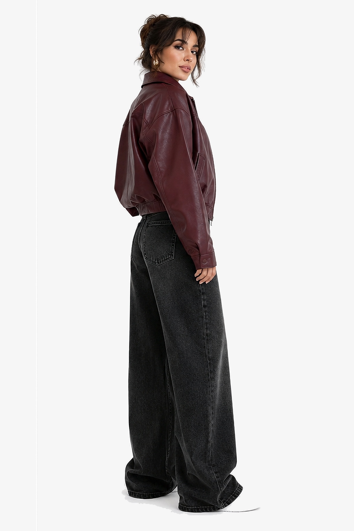 J&KSTORES Bordo Oversize Beli Büzgülü Bomber Deri Ceket görsel 2