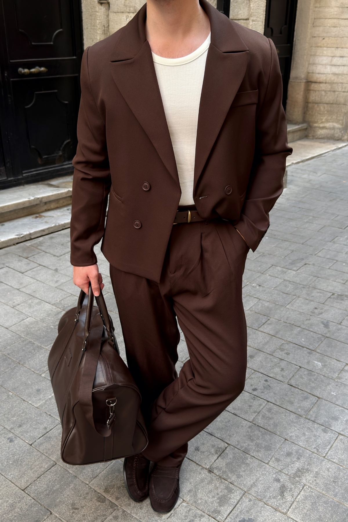 Livio Ferri Aral Premium Kruvaze Boxy Ceket Baggy Pileli Pantolon Kahverengi Erkek Takım görsel 5
