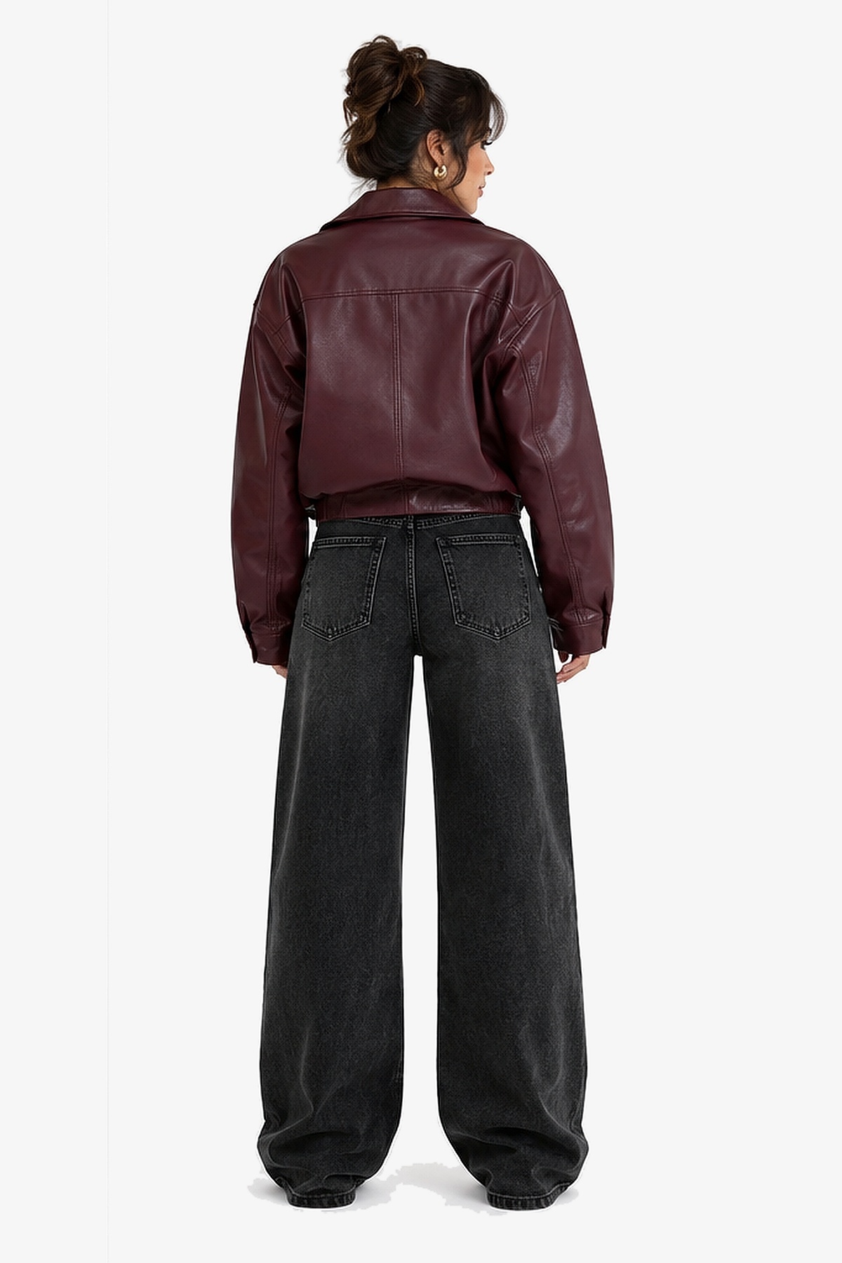 J&KSTORES Bordo Oversize Beli Büzgülü Bomber Deri Ceket görsel 3