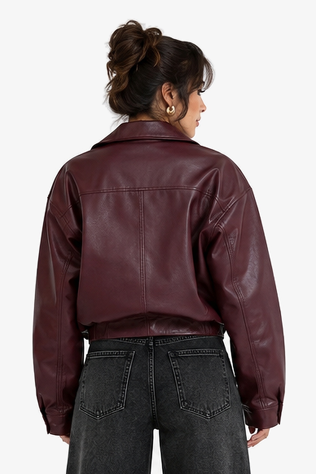 J&KSTORES Bordo Oversize Beli Büzgülü Bomber Deri Ceket görsel 6