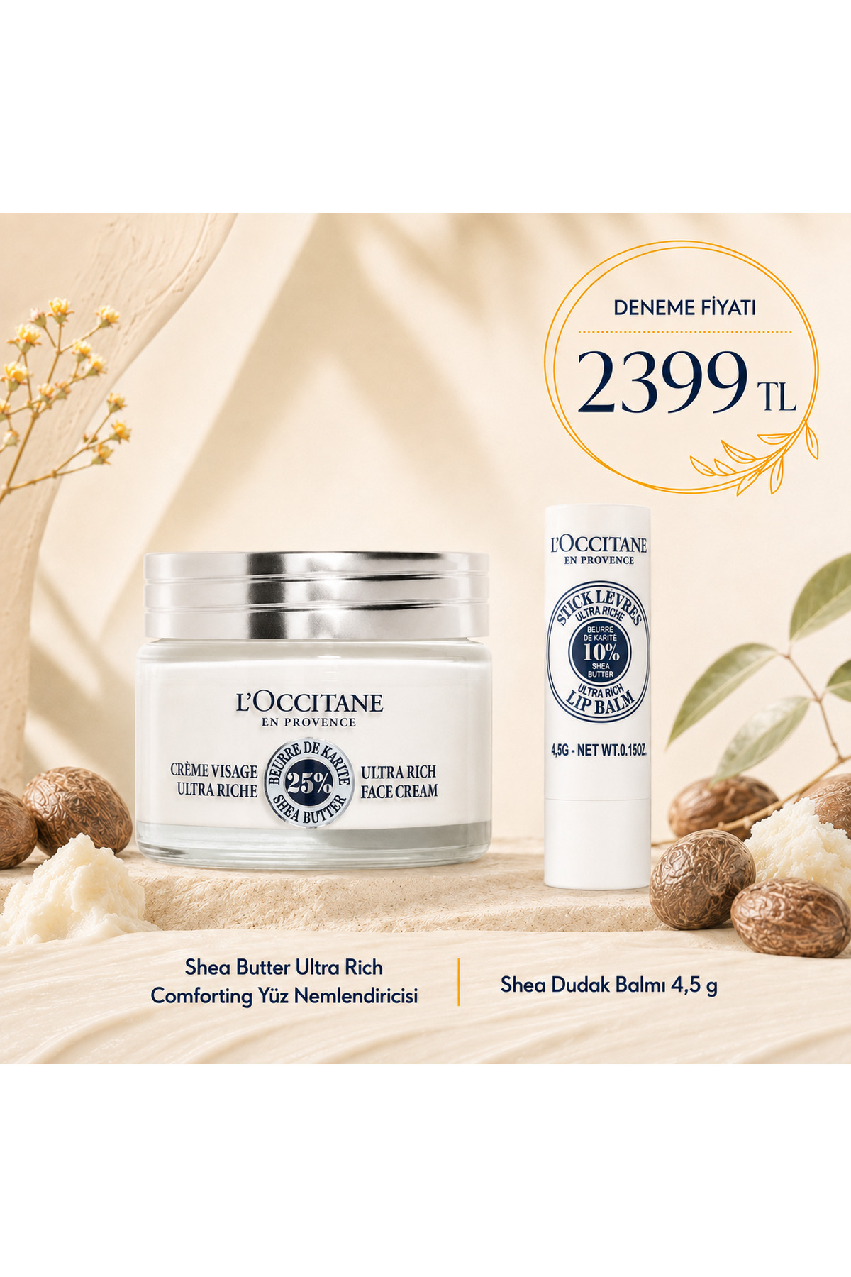 Shea Nemlendirici Bakım Seti, Kuru ve Çok kuru ciltler için Shea yağı ve sütü içerikli Yüz Nemlendirici & Dudak Balmı Avantajlı Deneme Seti — KFRBKMSHNEM26